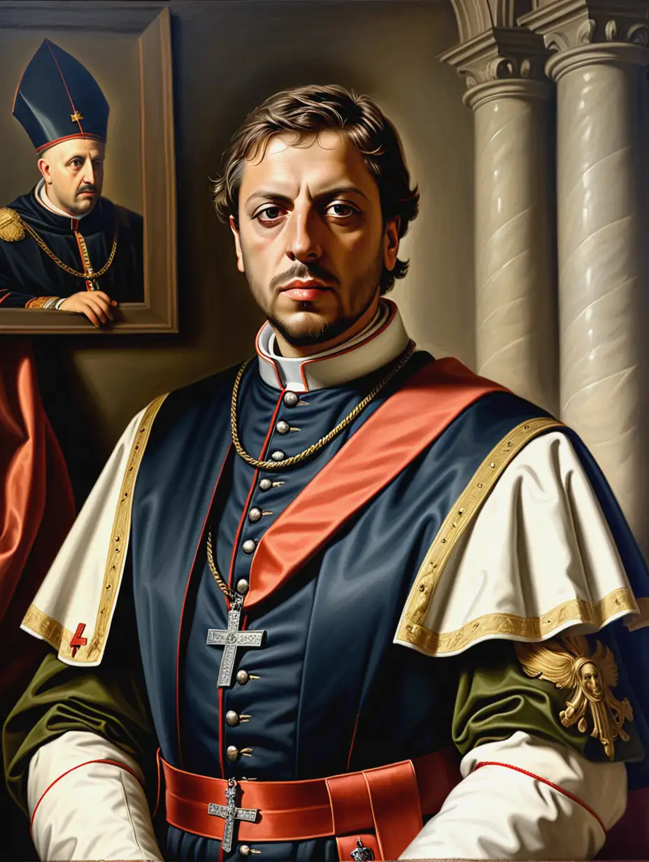 a realistic oil painting of cesare borgia in the pope castle with full military uniform