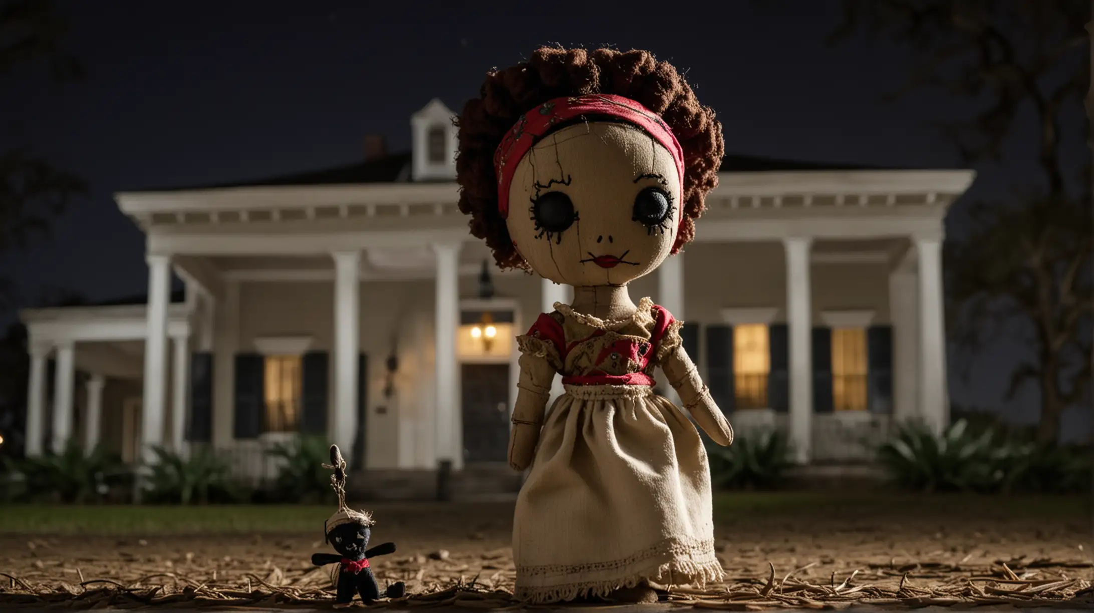 a voodoo doll that looks like Marie Laveau in front of a Louisiana plantation mansion at night 