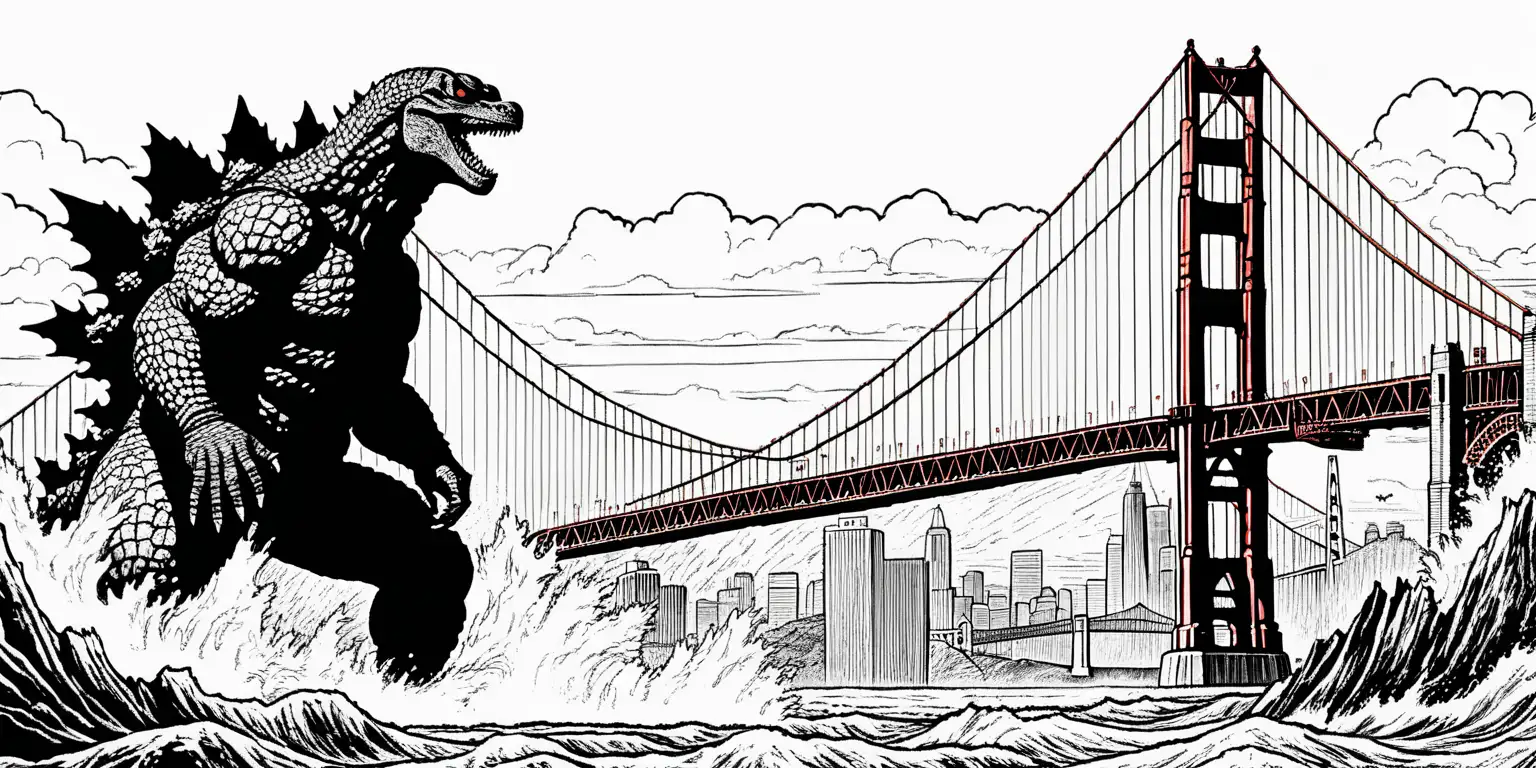 Tri-color. Godzilla ink line art. Comic book style. Godzilla destroying a city. Approaching the Golden Gate Bridge