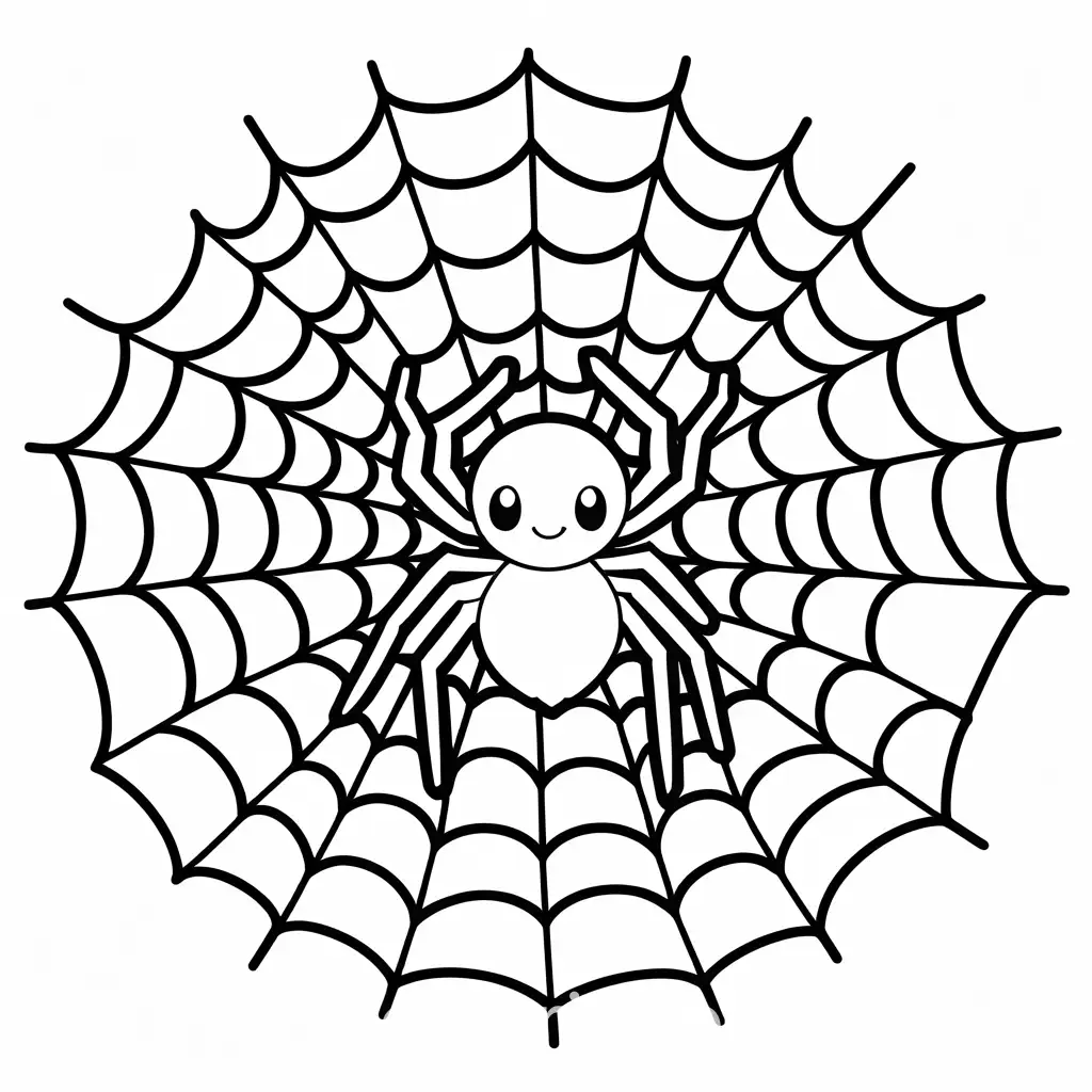 a coloring image of a smily cute spiderweb for children, with white background and a simple likely cartoon image, Coloring Page, black and white, line art, white background, Simplicity, Ample White Space