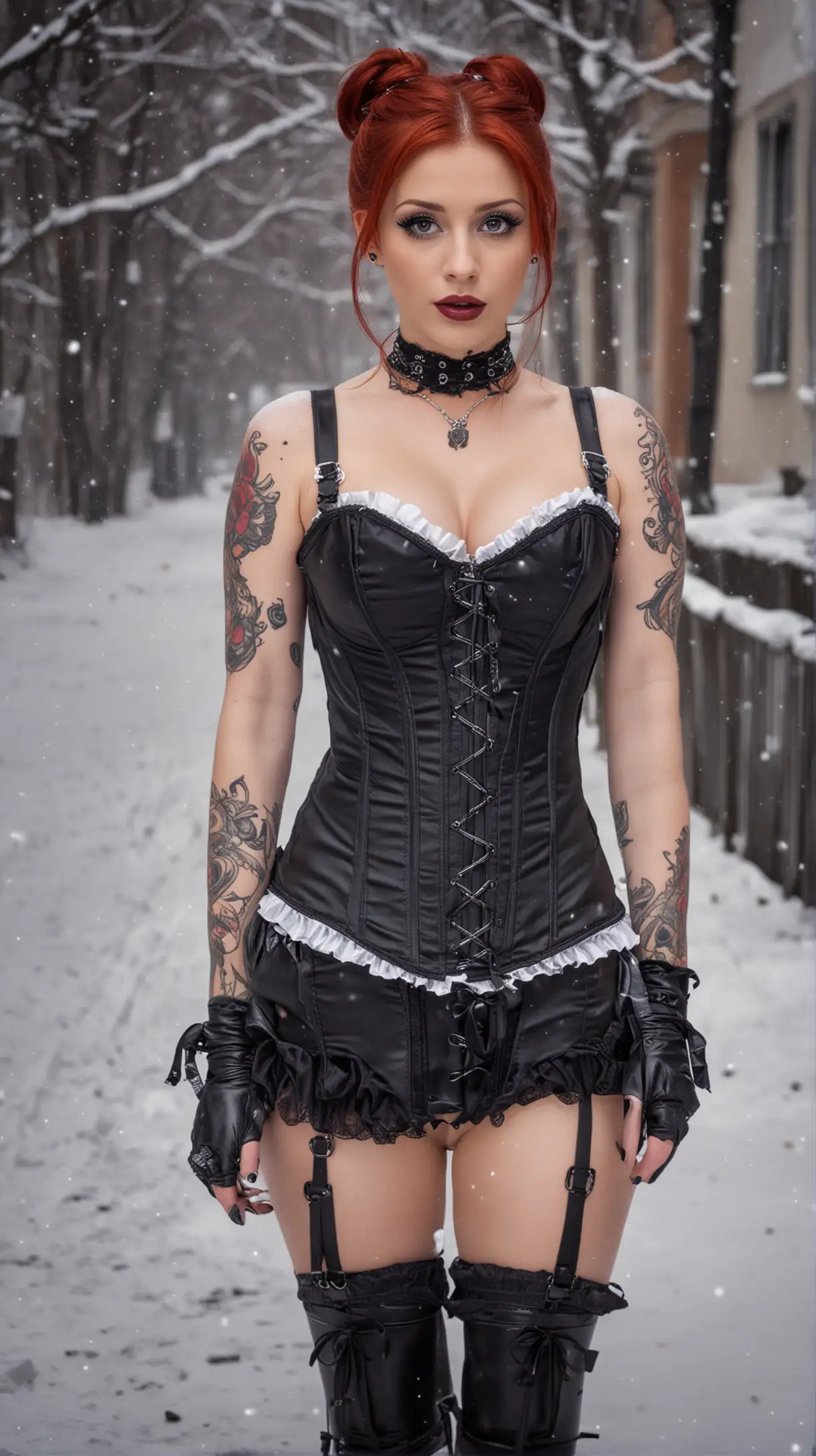 Redhead Woman in Snowy Street with Corset Bodysuit and Stockings