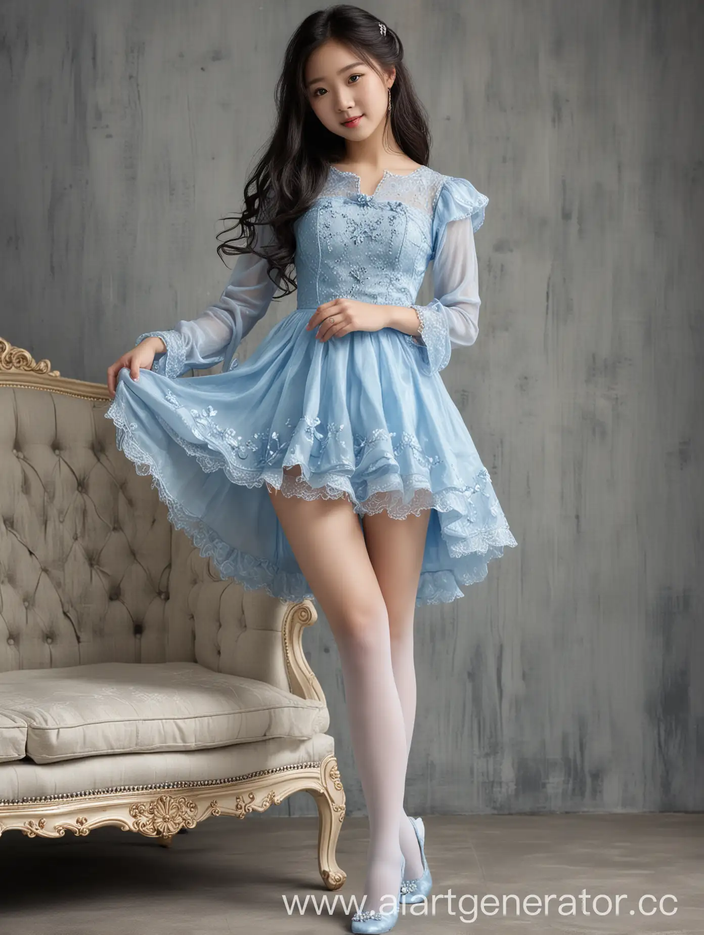 Graceful-Young-Asian-Girl-in-Blue-Princess-Dress-with-Sparkling-Shoes-and-Flowing-Hair