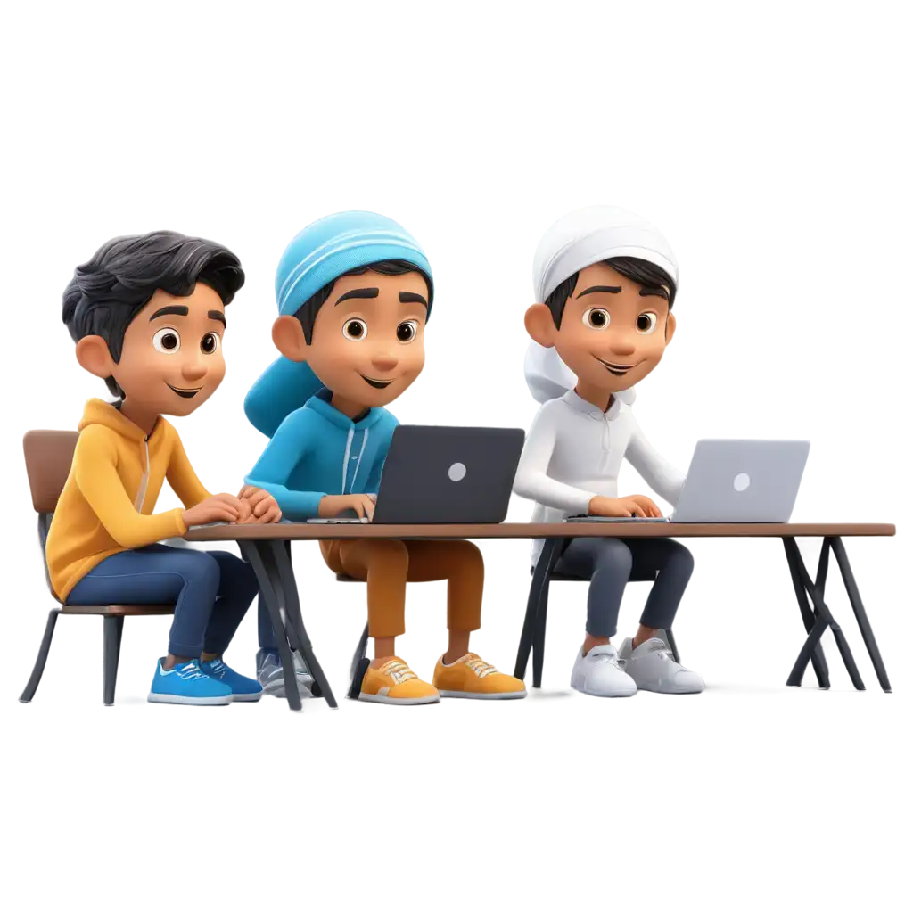 illustrasi kartun 2 orang anak muslim sedang belajar ngoding didepan komputer