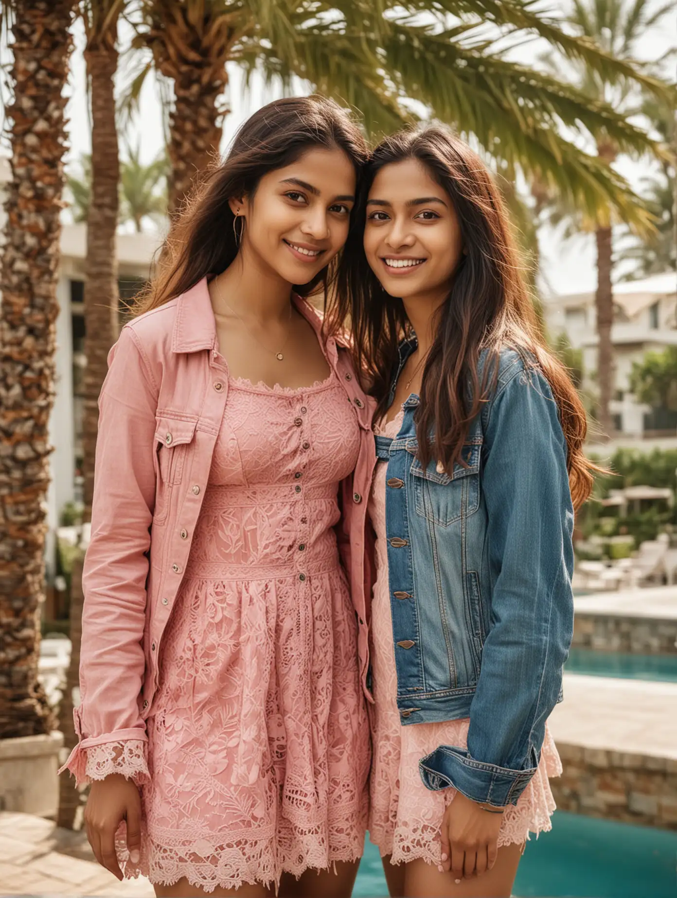 Full body portrait of a happy Indian mother and daughter in their early thirties embracing poolside at a palm tree luxury hotel. The mother is wearing a pink lace dress and a denim jacket. Both of them have long hair. Under the soft natural light of summer, they look confidently at the camera. Their facial features are clear and their skin texture is soft and clear. The photography style is summer portrait style editorial. --ar 3:4