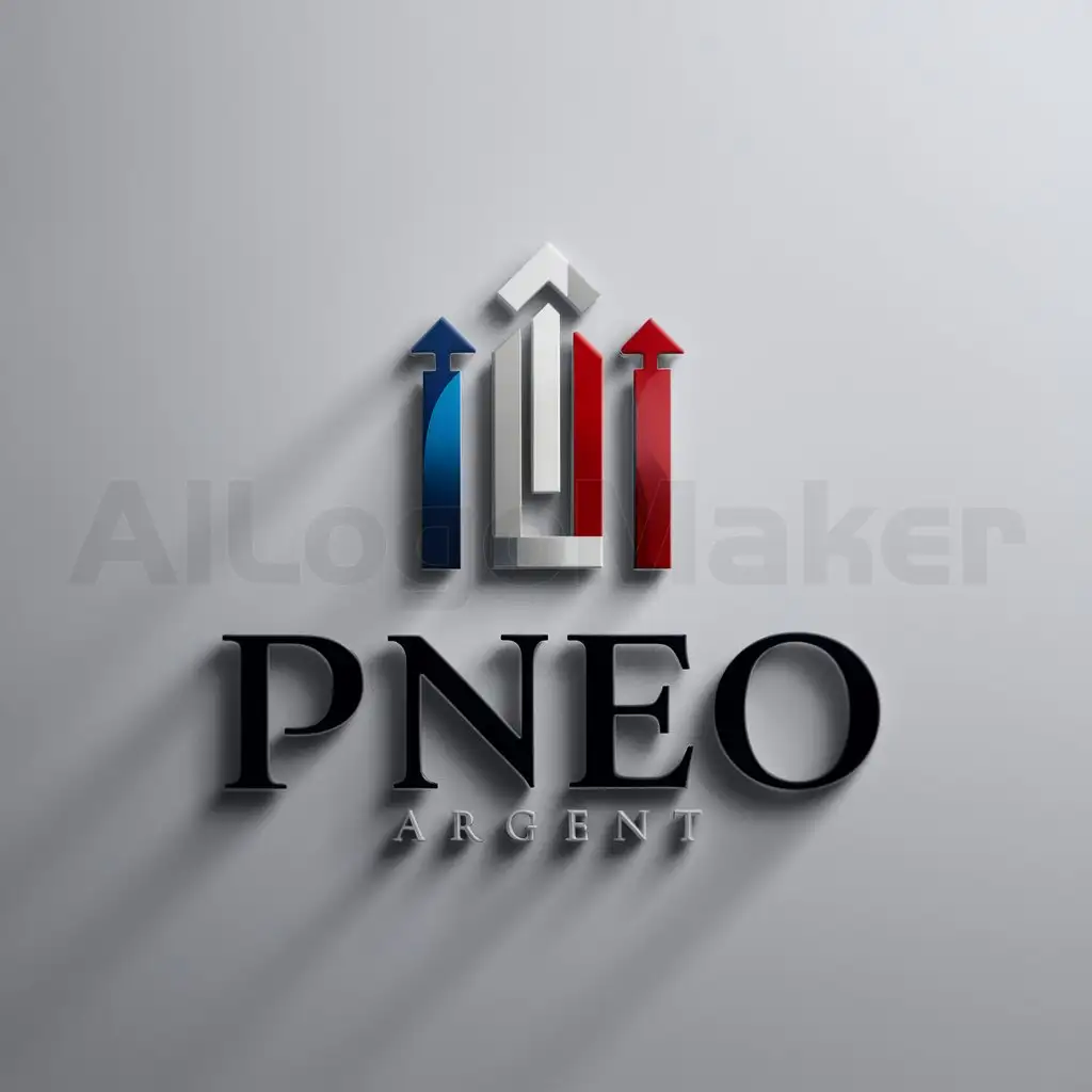 a logo design,with the text "PNEO", main symbol:argent, temps, présence, bleu, rouge , blanc,Moderate,clear background