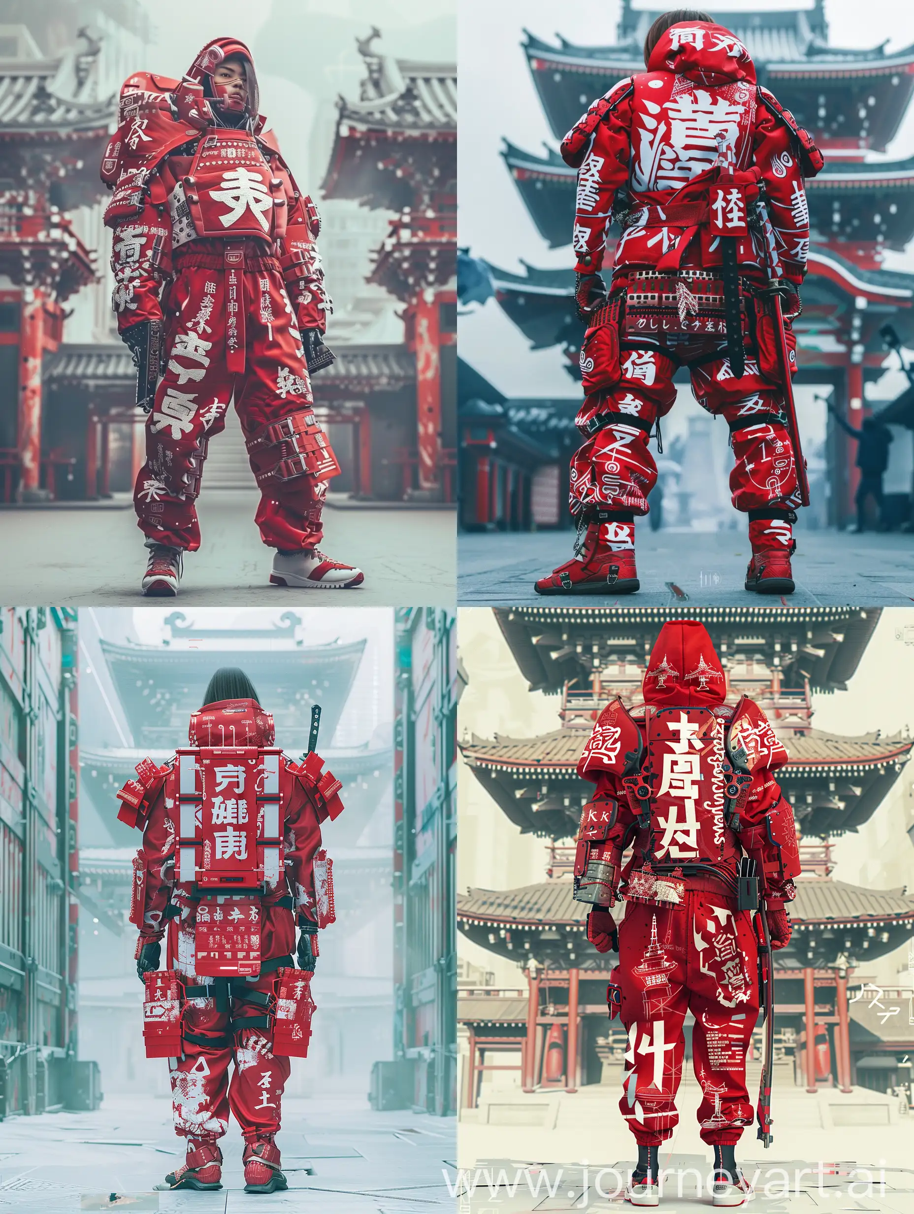 A person wearing an elaborate red Cyberpunk track suit armor, adorned with white Japanese characters and symbols, stands against a japanese temple futuristic background. The armor includes a oni maks cyber punk, intricate shoulder guards, a chest plate, and arm and leg protectors. The individual carries a sheathed sword at their side and a smaller dagger at their waist. The overall look is detailed and traditional, exuding a sense of historical Japanese warrior culture.