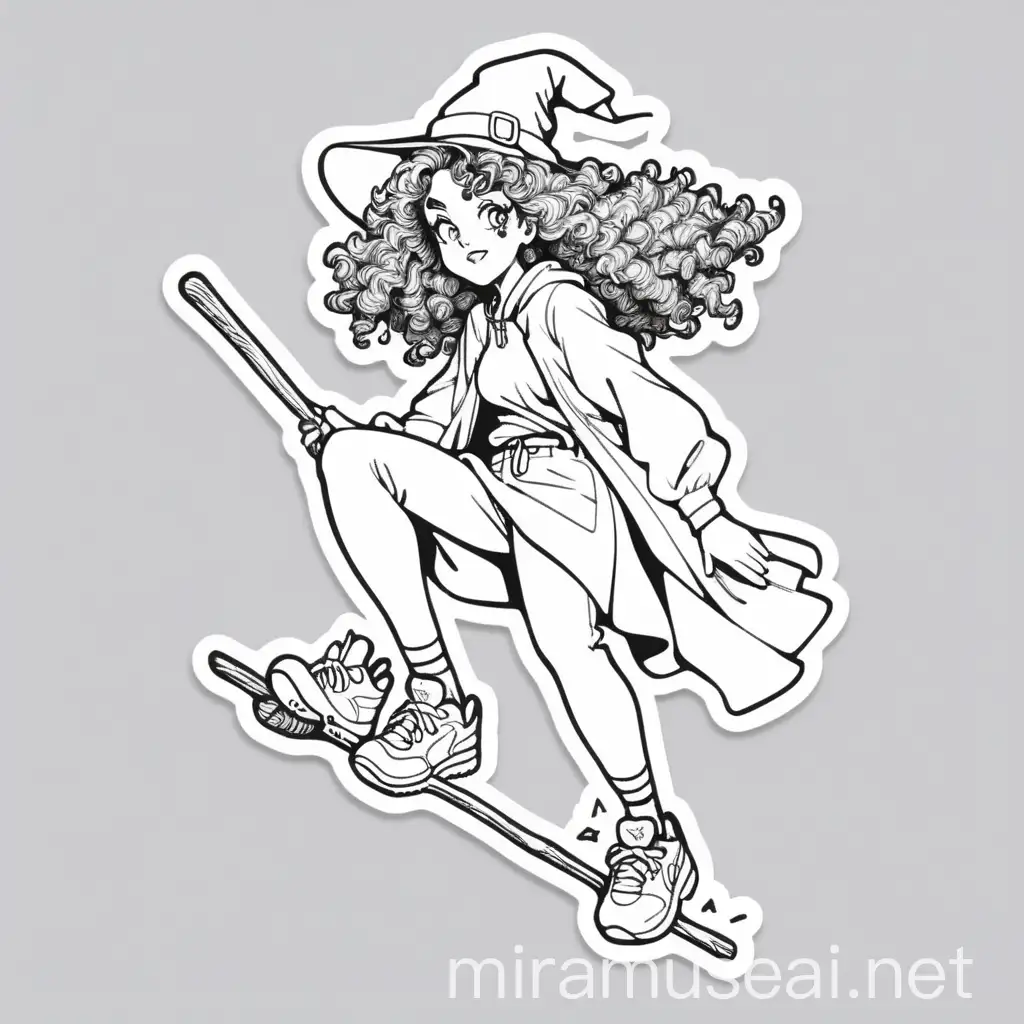 Sticker. Witch on a broom. Elegant and beautiful. JoJo reference. 20-year-old. Curly hair. Sneakers on feet. Line drawing with no colors, No background.
