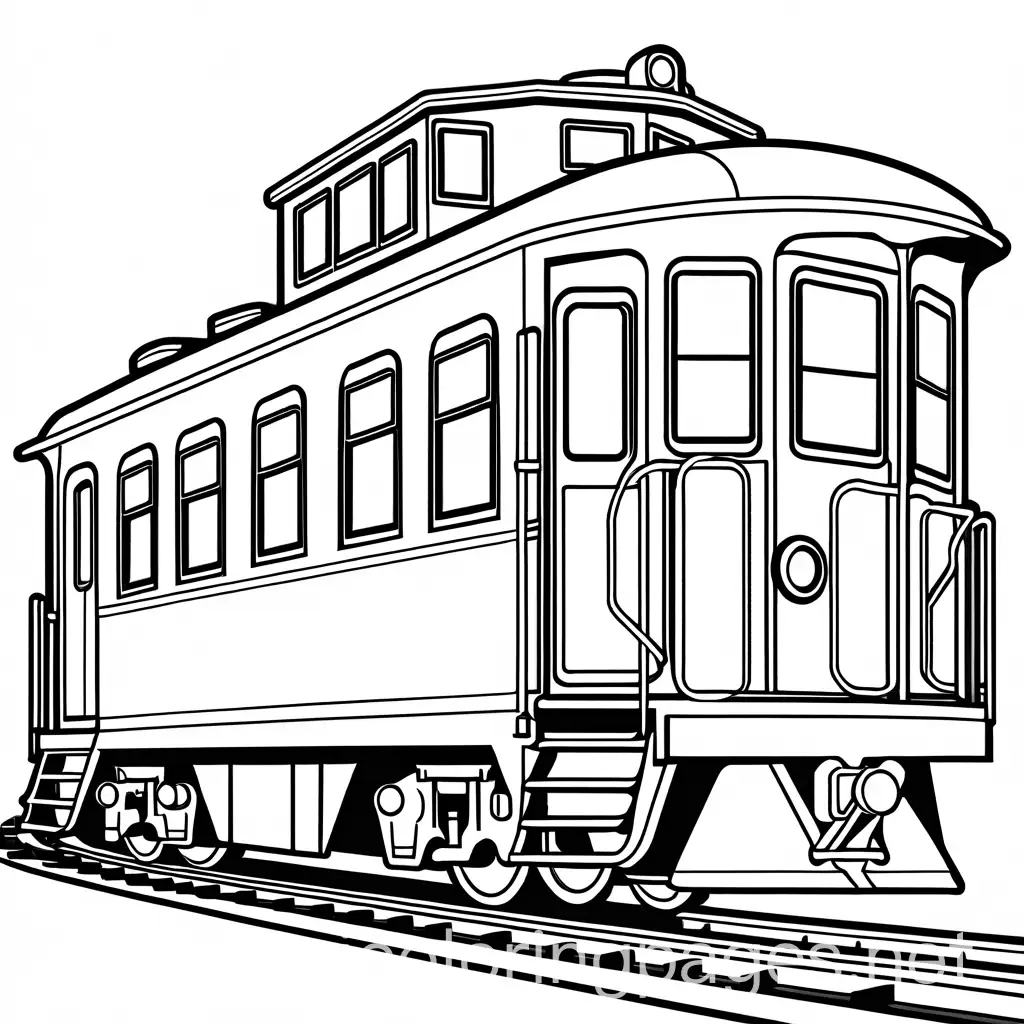 large caboose train in the style of a coloring book in the city with the electric wires on top , Coloring Page, black and white, line art, white background, Simplicity, Ample White Space. The background of the coloring page is plain white to make it easy for young children to color within the lines. The outlines of all the subjects are easy to distinguish, making it simple for kids to color without too much difficulty