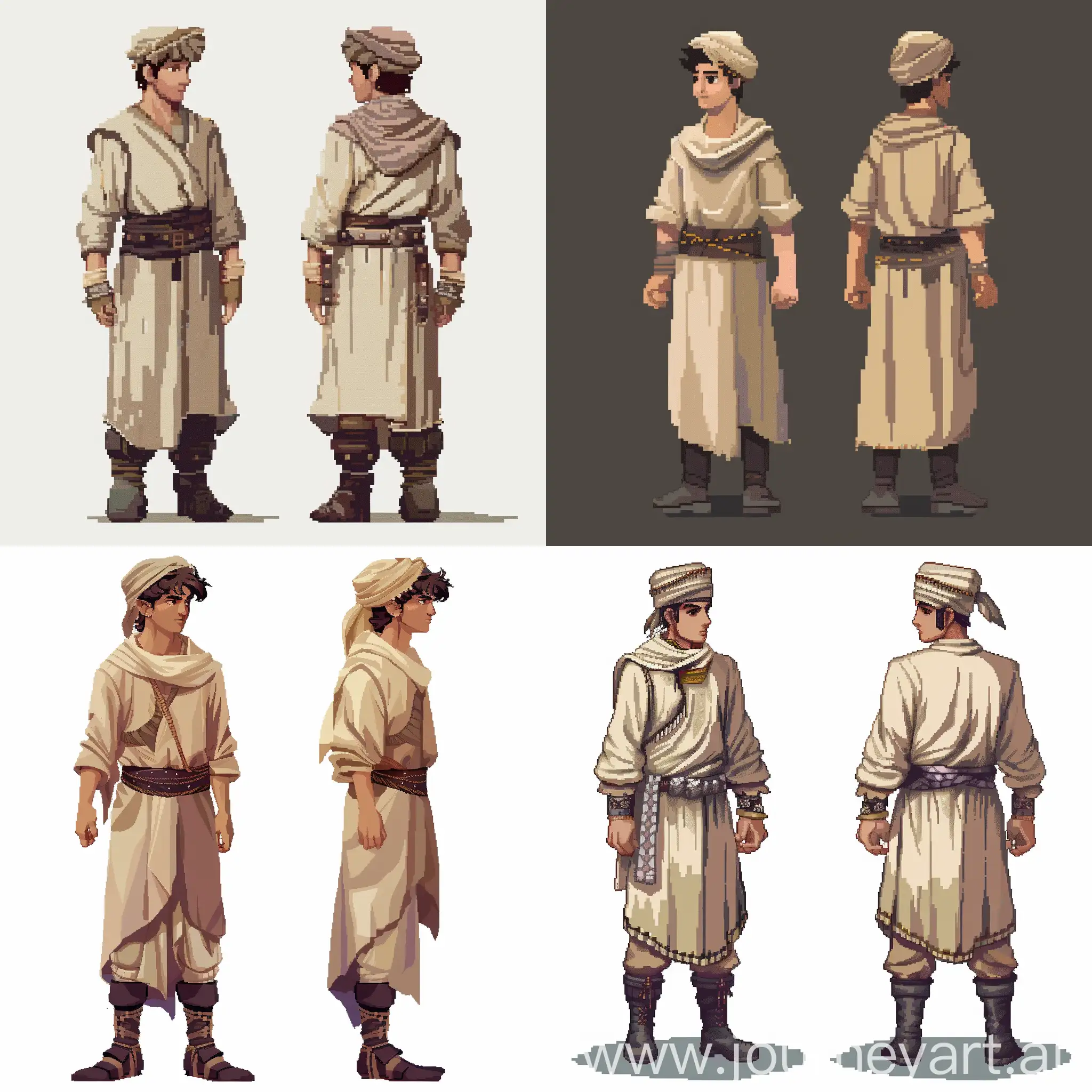 Персонаж для пиксельной 2d игры с видом сбоку и спереди. Он одет в светлый кафтан, темные сапоги, у него есть тканевый пояс и шапка