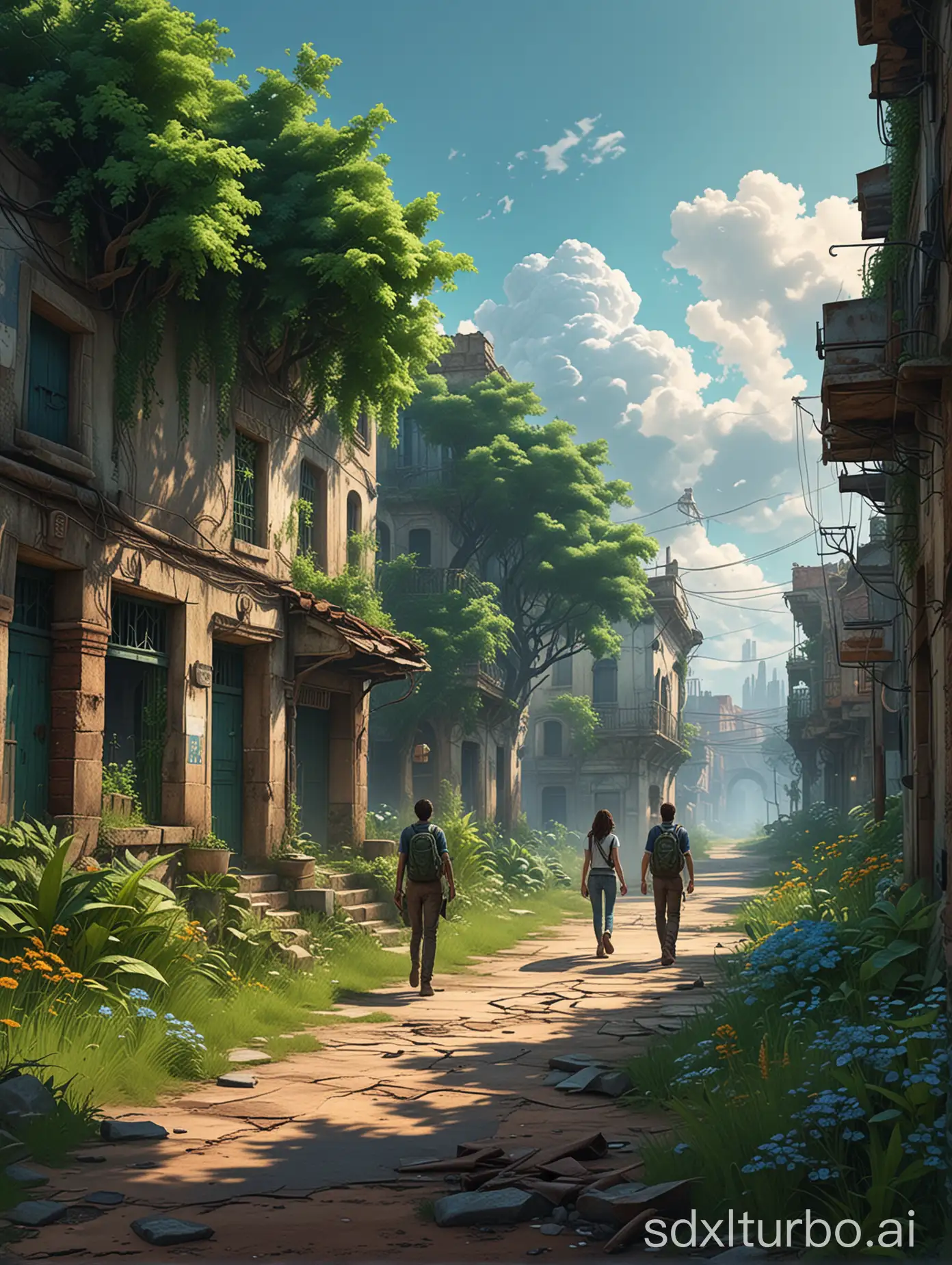 Uncharted game art style of an abandoned city, where lush greenery has taken over. A young man and a woman are leisurely strolling down the street, with their backs to the viewer. The predominant colors of green and blue are evident, as the trees,different kinds color of flowers and grass have reclaimed the city's structures. The sky is a brilliant blue, dotted with fluffy white clouds. This dystopian-meets-nature scene has an eerie yet serene atmosphere, showcasing the resilience of nature in an urban environment.viiviid