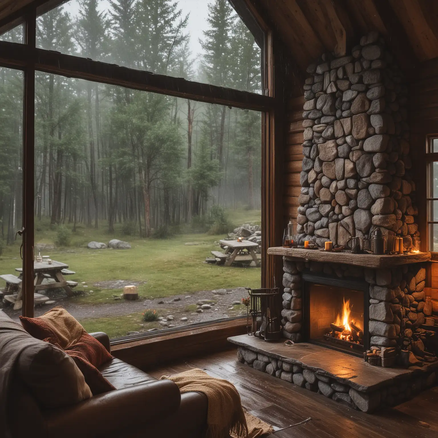cozy cabin with a fireplace and  heavy rain behind the window