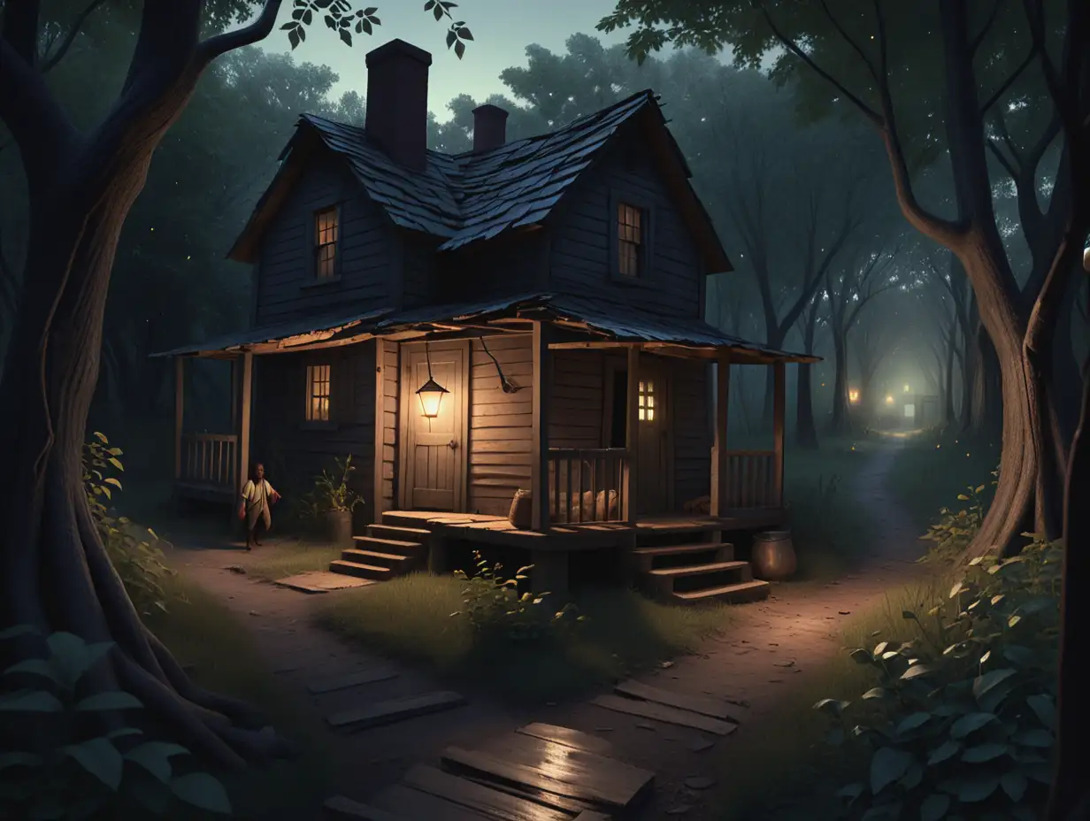 Create a cartoon detailed and historically accurate scene of the Underground Railroad. The setting is a dense forest at dusk, with the faint glow of the setting sun filtering through the trees. A hidden path winds through the forest, leading to a small, discreet safe house made of weathered wood, partially covered by vines and foliage to blend in with the surroundings. The safe house has a dimly lit interior, visible through an open door, showing a warm and inviting hearth. Along the path, show a group of runaway slaves, dressed in tattered clothes, cautiously making their way towards the safe house. Some are carrying small bundles of belongings. Include subtle signs of urgency and determination on their faces. In the background, incorporate a network of fireflies illuminating the forest, and a guiding lantern hanging from a tree branch, symbolizing hope and guidance. The atmosphere should evoke a sense of secrecy, hope, and resilience.