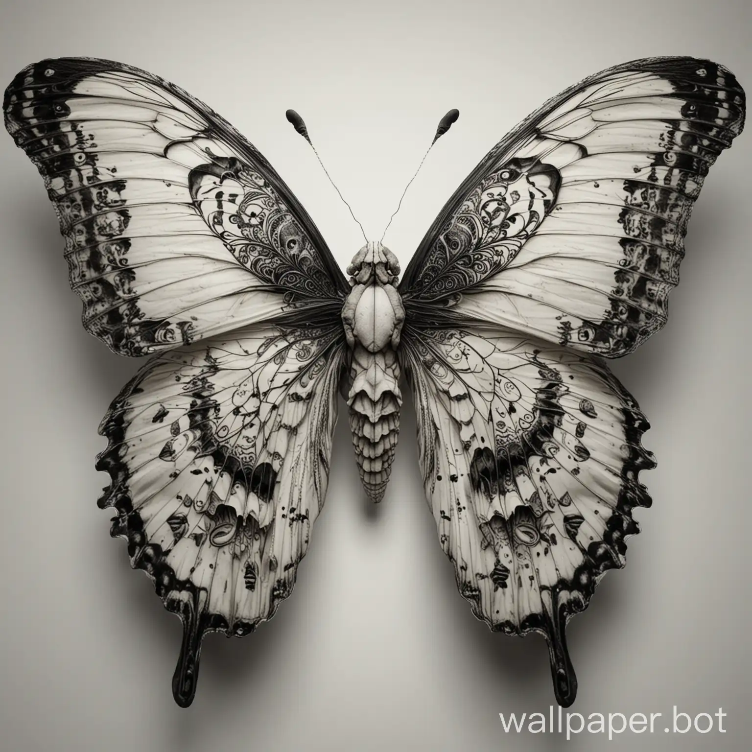 symmetrical high contrast photorealistic butterfly with double exposure human skull pattern inside the wings with a white background, insanely detailed and intricate, hypermaximalist, elegant, hyper realistic, super detailed, dynamic pose, photography, backlit lighting, hyper realism, shadows, scenery, photography, photograph, maximum detail, maximum realism, intricate details, cinematic lighting