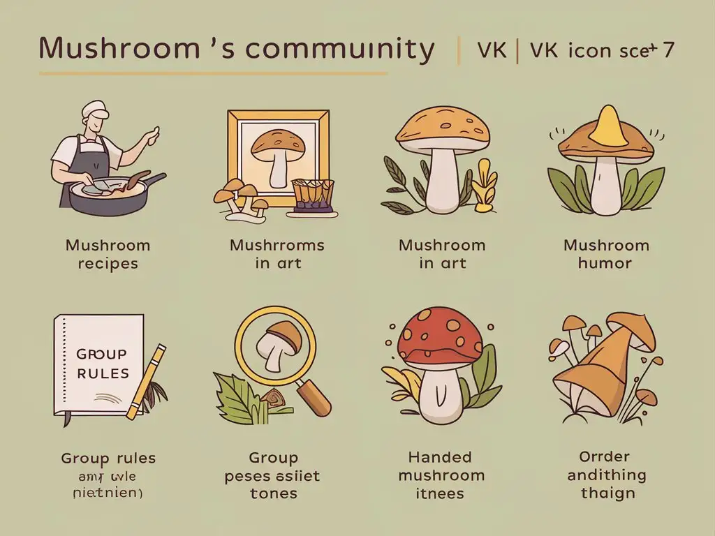 7 horizontal rectangular flat icons designed for the mushroom enthusiast's community on VK, featuring mushrooms in a modern, abstract, and simple design without a black outlines. The color palette consists of pale greens, yellows, and warm golden tones, creating a minimalistic and inviting appearance. No. 1 icon depicting a cook cooking mushrooms in a pan (mushroom recipes), No. 2 icon depicting a picture in a frame with a mushroom (mushrooms in art), No. 3 icon depicting a mushroom with a clown nose (mushroom humor), No. 4 icon depicting rules (group rules), No. 5 an icon with an image of a mushroom under a magnifying glass (group navigation), No. 6 an icon with an image of a sewn toy in the shape of a mushroom (handmade mushroom), No. 7 an icon for information about ordering advertising in the group