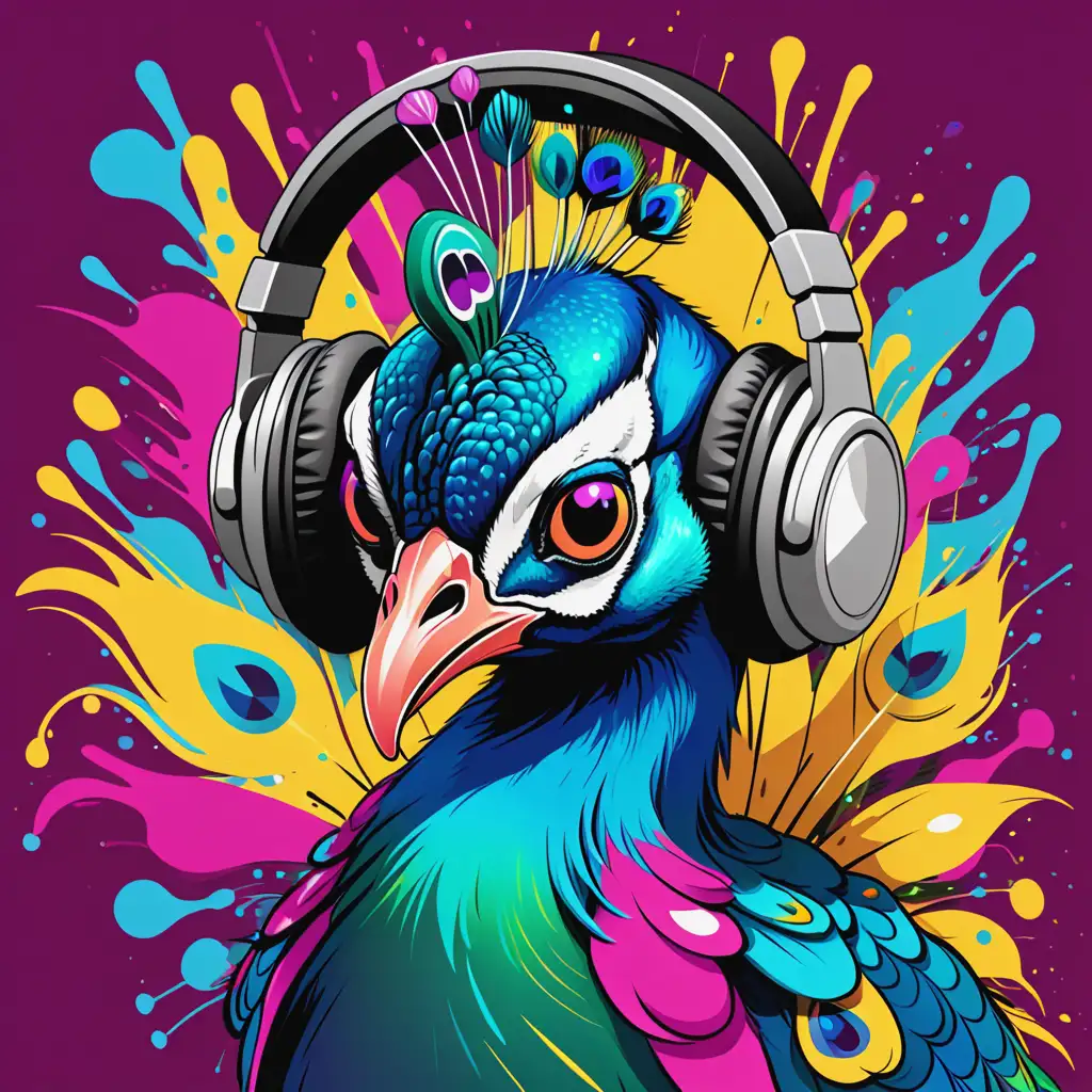 colorful vector drawing of cartoon peacock listening to music with headphones with splashes of cyan, magenta, yellow and black