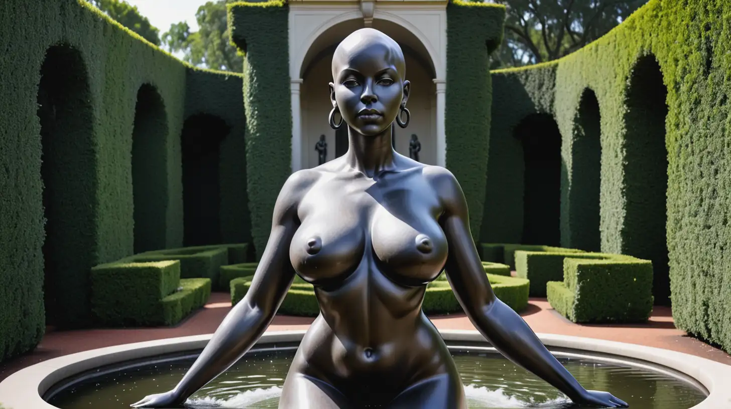 statue of a black bald goddess with full breasts in a fountain in a hedge maze