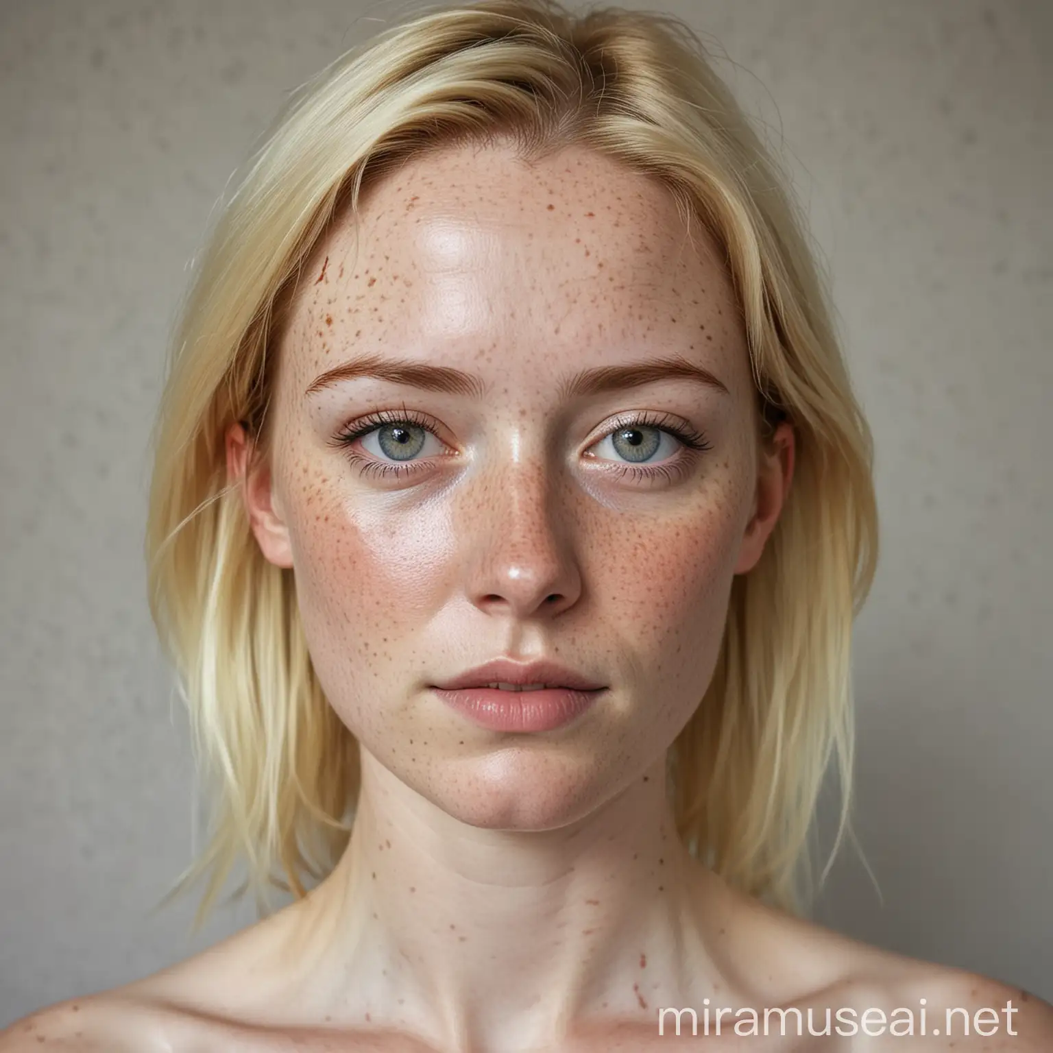 Portrait of a StrongFaced 30YearOld Woman with Blond Hair and Freckles