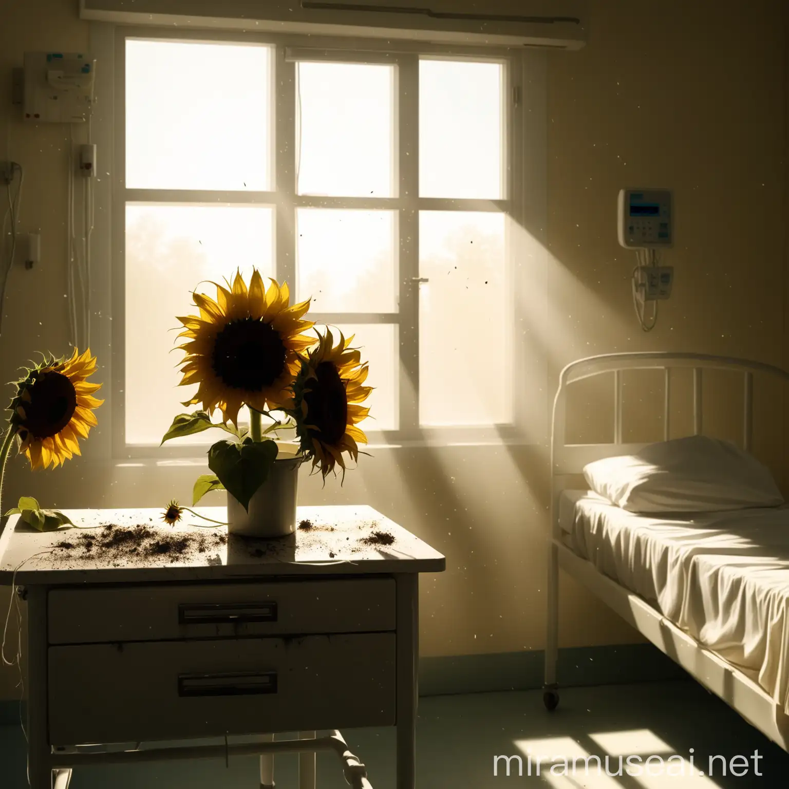 Prompt: A slow pan across a sterile white hospital room. Sunlight streams weakly through a window, illuminating dust motes dancing in the air. A single, wilting sunflower sits on a bedside table.