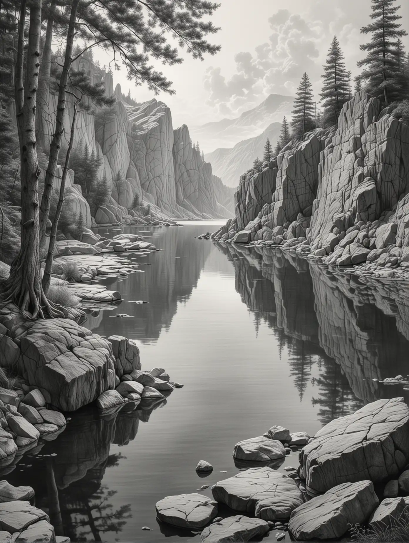 Реалистичный рисунок в стиле карандашной графики озеро в скале
