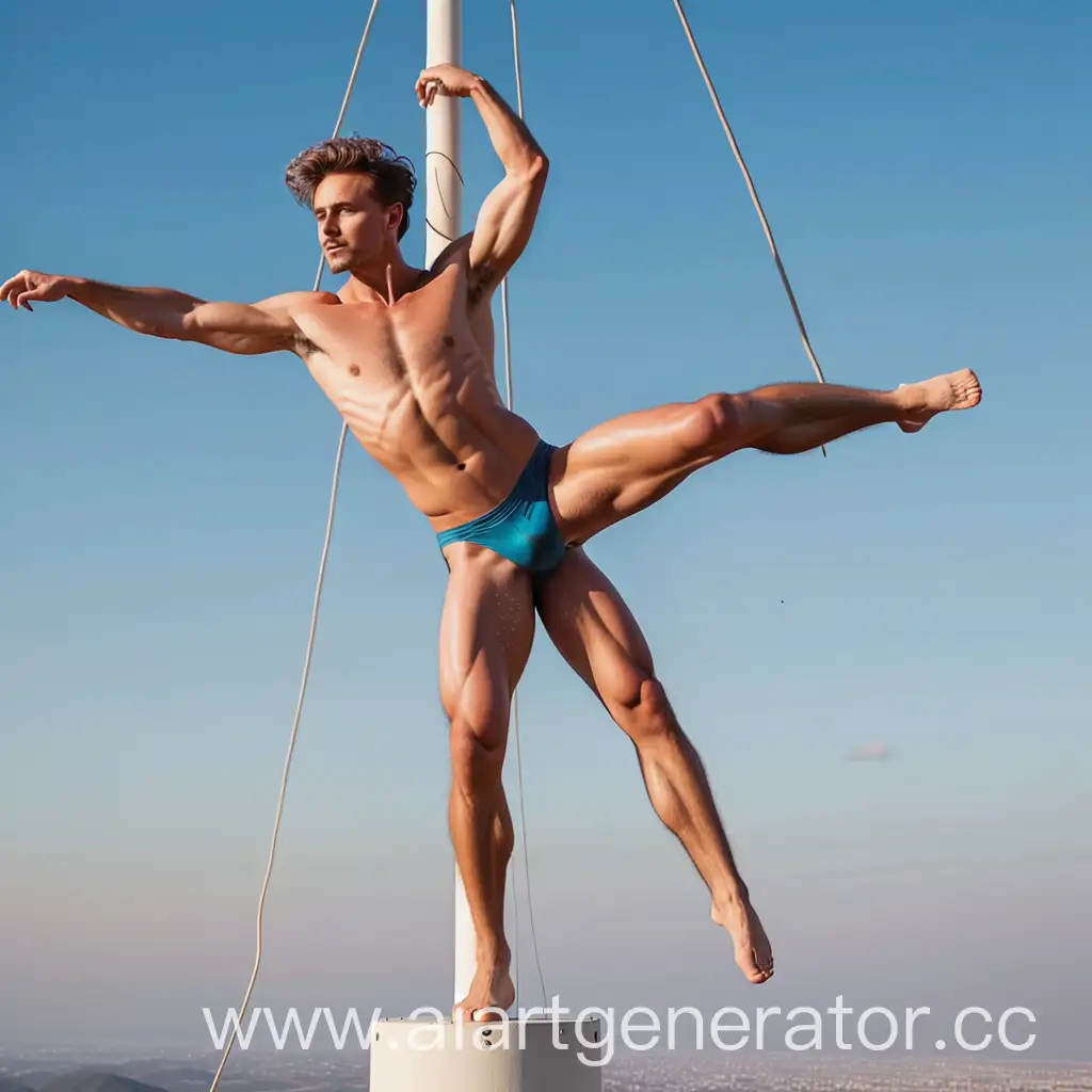 Man-Dancing-on-Pylon-in-Open-Attire-with-Blueish-Eyes-and-Brown-Hair
