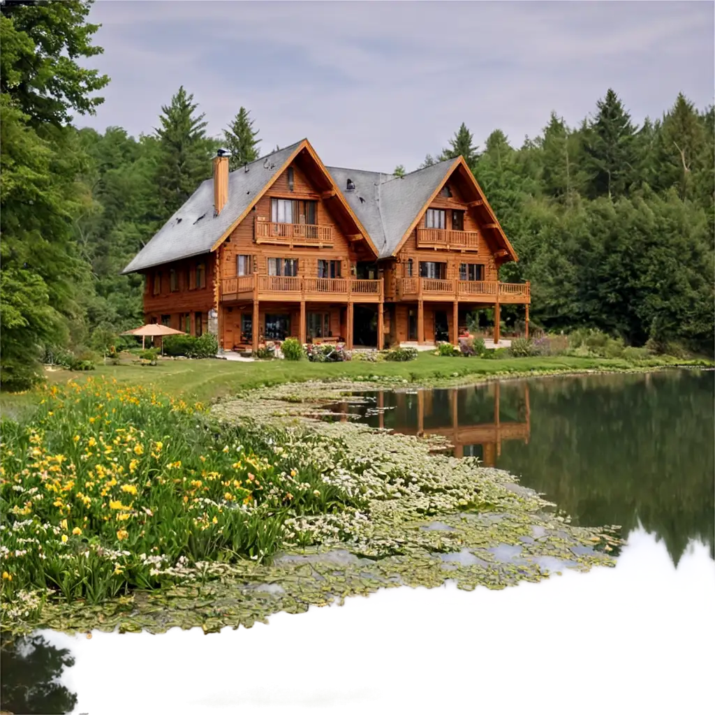 Exquisite-PNG-Illustration-Serene-Wooden-House-by-the-Lake-Amidst-Flourishing-Farm-Flowers