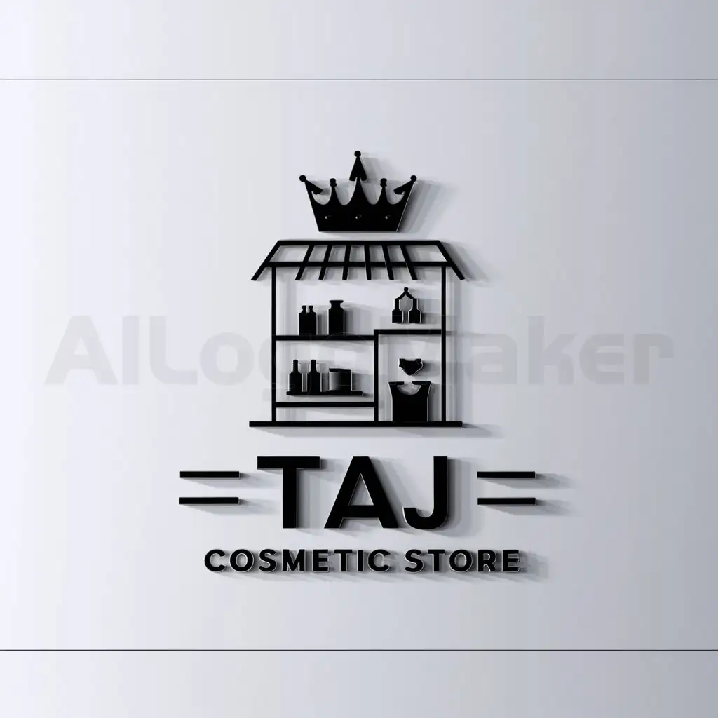 a logo design,with the text "Taj", main symbol:a store builded of cosmetics and a crown,Minimalistic,be used in Others industry,clear background