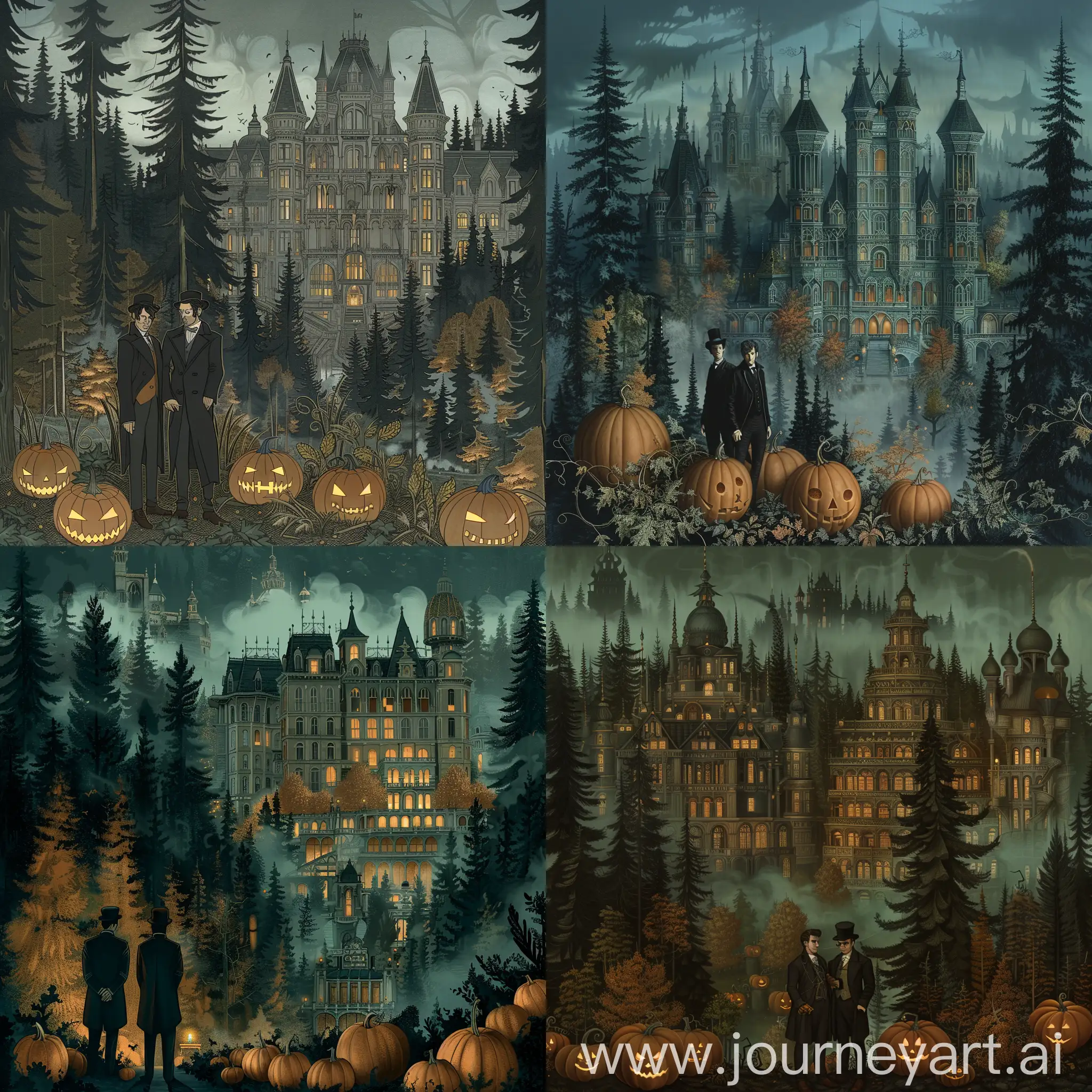 A Tim Burton-style drawing of a Belle Époque two male noir detectives standing next to a colossal Victorian palace with 1000 rooms, many towers and rooms in a shadowy foggy pine forest with baroque gardens and pumpkins on a dark night.