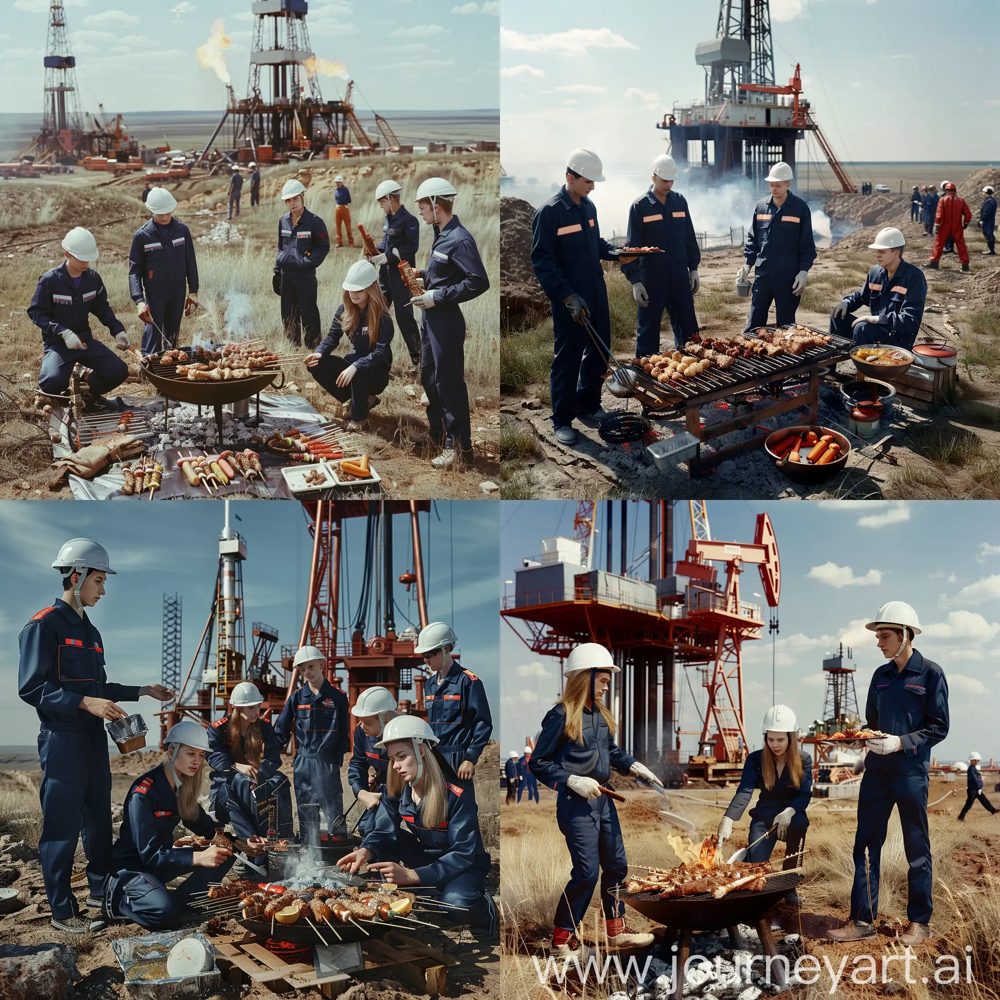 hyperrealistic high-quality image of  young youth students oil workers in dark blue professional uniform and white safety helmets having a barbecue picnic in a Russian steppe, with an oil rig in the background, no other people in the background, normal human faces, sunny weather