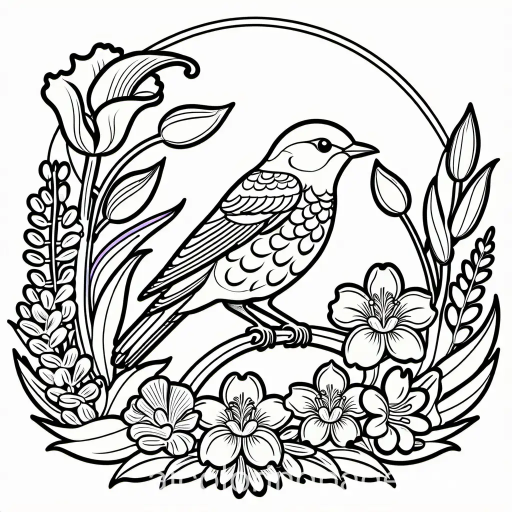 Violet-backed Starling with iris,lavender,daisy,orchid ,tulips,marigold and roses, Coloring Page, black and white, line art, white background, Simplicity, Ample White Space. The background of the coloring page is plain white to make it easy for young children to color within the lines. The outlines of all the subjects are easy to distinguish, making it simple for kids to color without too much difficulty