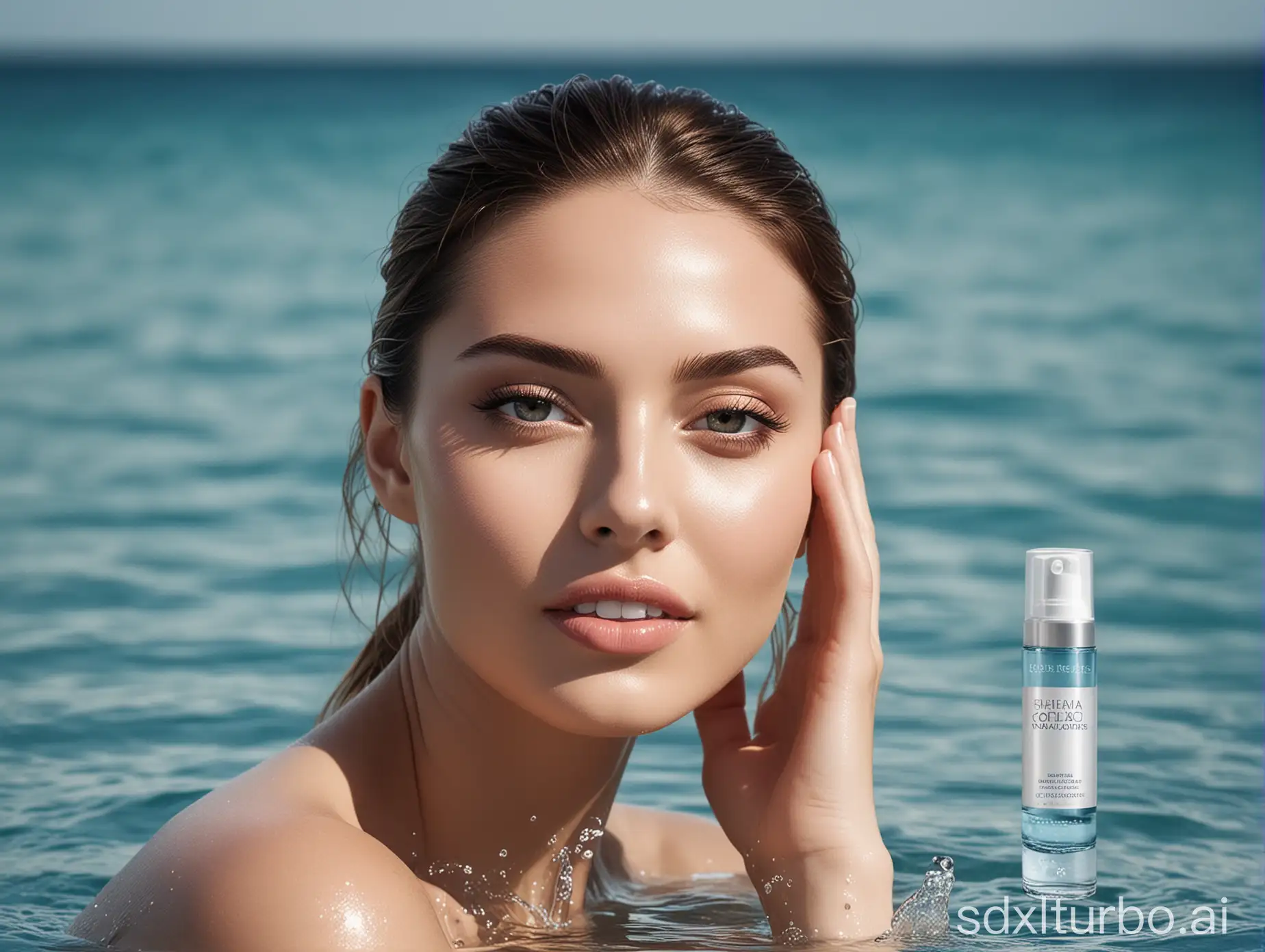 Advertisement for skincare products with a water background