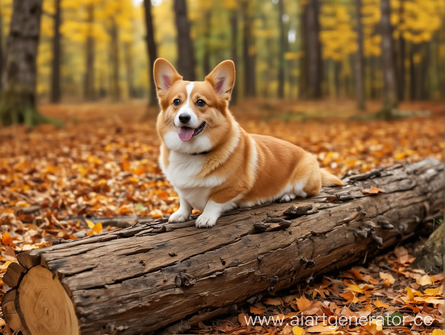 Corgi-Resting-on-Log-in-Serene-Autumn-Forest