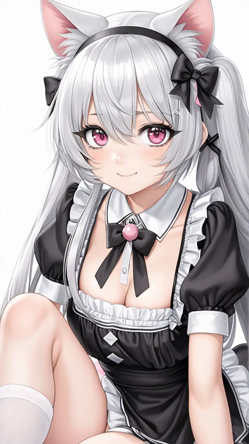 Anime Cat Girl Maid in Black Uniform with Pink Eyes