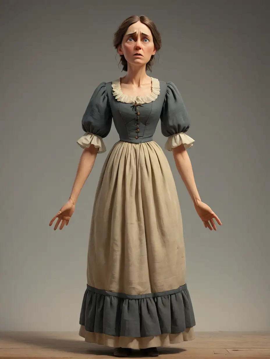 A 40-year-old woman in a late 19th century dress is standing sad, spreading her hands apart in regret. We see her in full height, with arms and legs. In the style of 3d animation, realism.