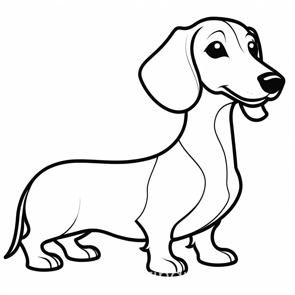 Dachshund outline, Coloring Page, black and white, line art, white background, Simplicity, Ample White Space. The background of the coloring page is plain white to make it easy for young children to color within the lines. The outlines of all the subjects are easy to distinguish, making it simple for kids to color without too much difficulty