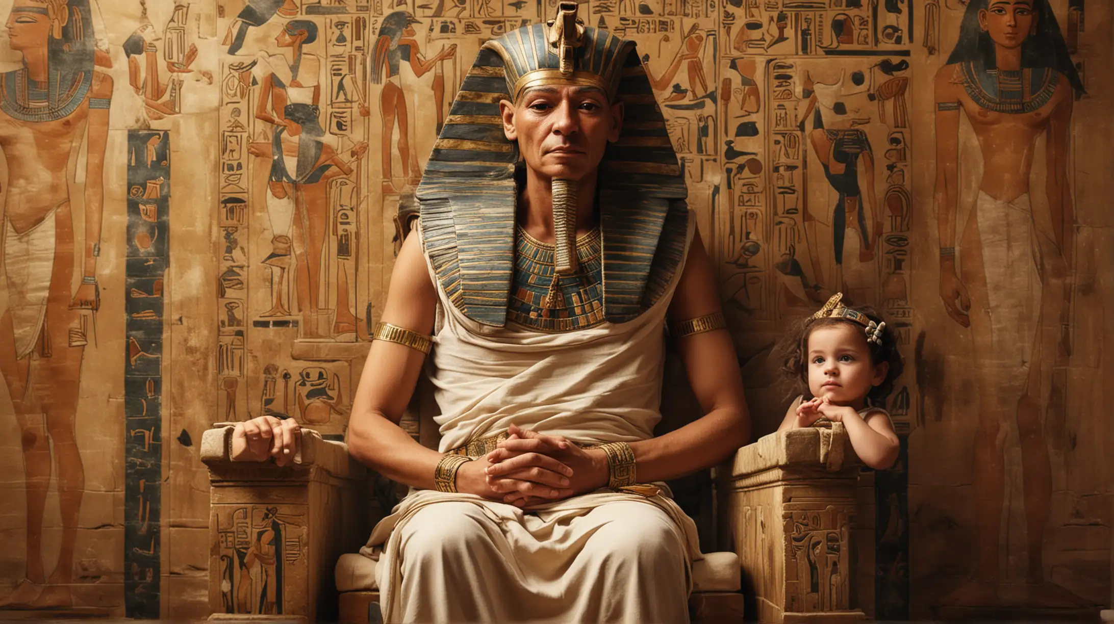 Древний Египет, старый фараон сидит на троне и держит на руках маленькую дочку
