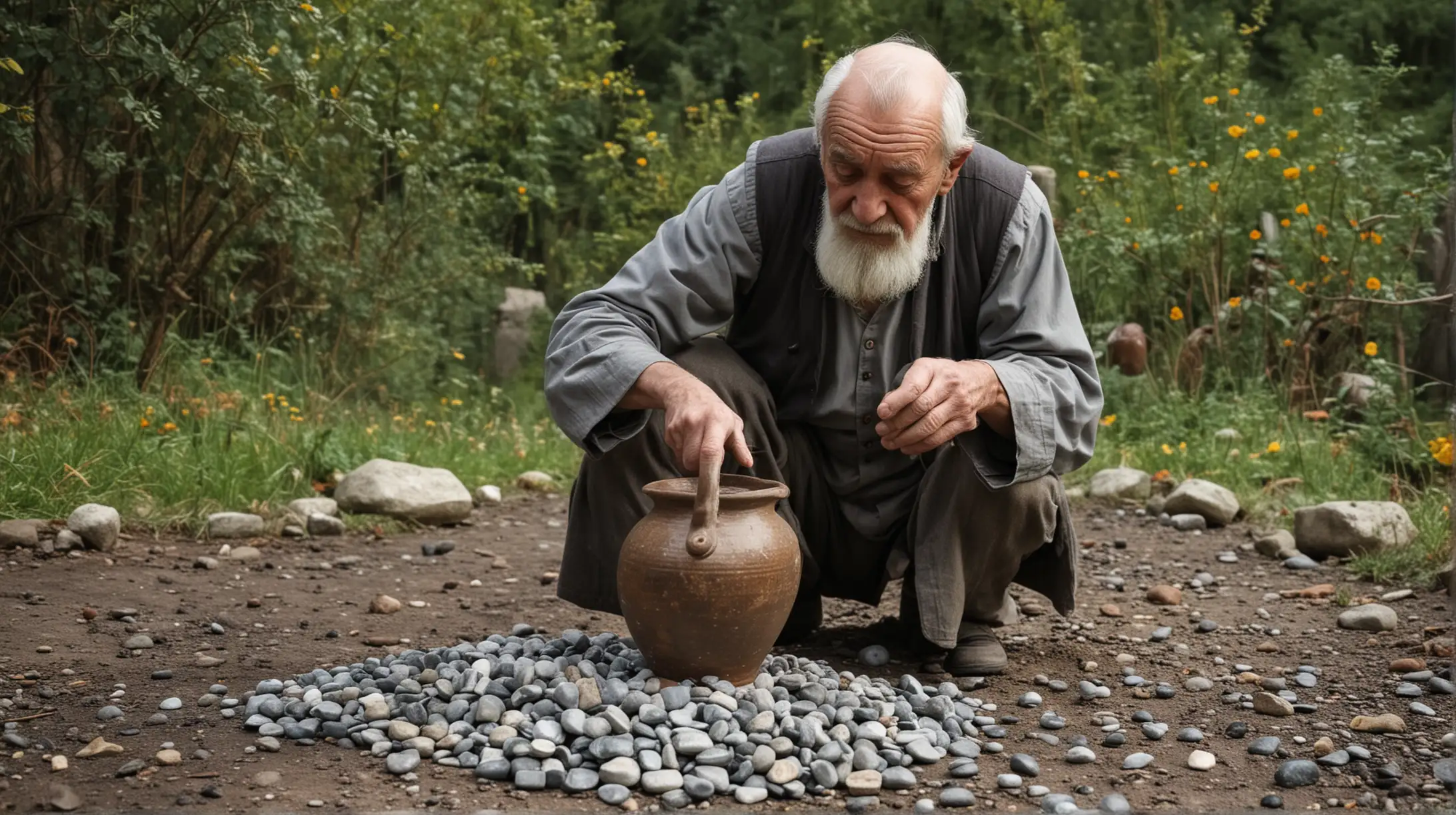 Elderly Man Pouring Small Stones into Jug of Large Stones