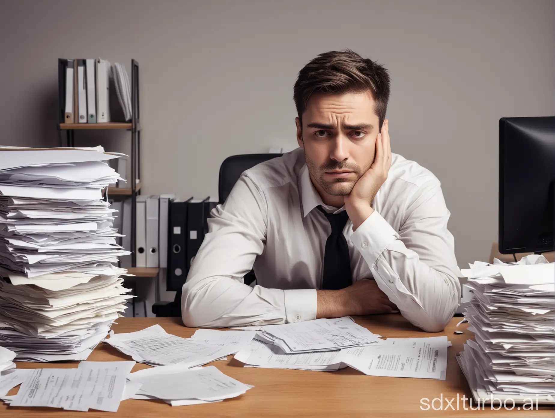 Please generate an image of a man at work who looks extremely tired. He should have dark circles under his eyes, a slouched posture, and a weary expression on his face. The background should show an office environment with a desk cluttered with papers and a computer. Half closed eyes