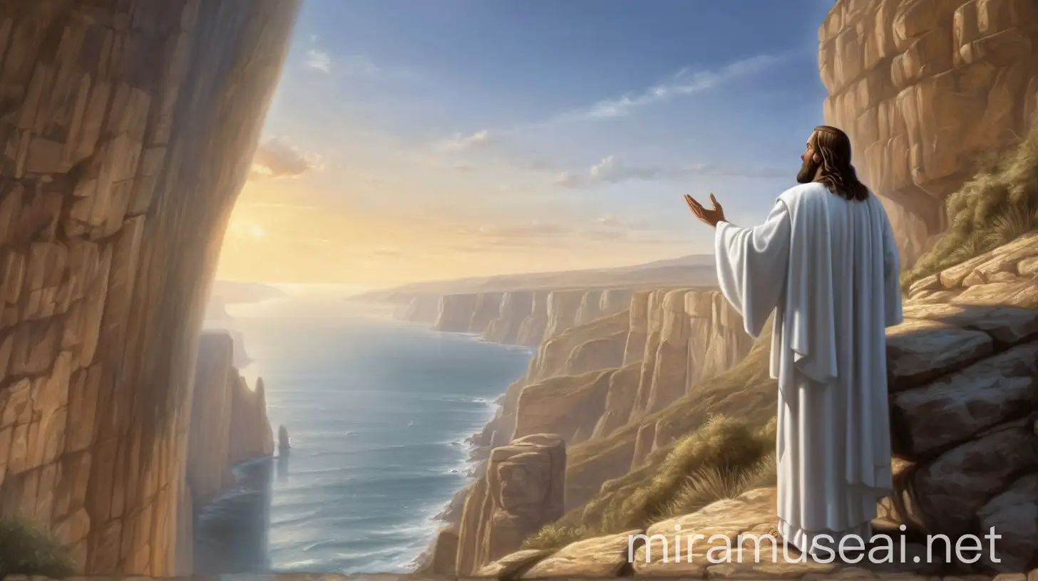 Prophet Yesus Admiring Majestic Cliffs at Sunset