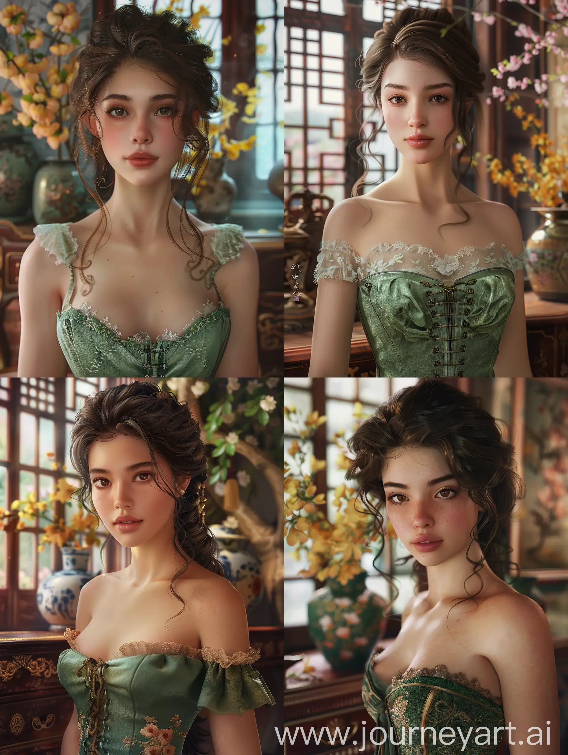 A hyper-realistic and hyper-detailed portrait of a young woman with brown hair in an indoor setting.  She has striking brown eyes and is wearing a green corset-style top with lace detailing. Her hair is styled in loose, curly updos with tendrils framing her face. In the background, there's an elegant and serene corner of a traditional Asian-inspired room. The centerpiece is a window adorned with delicate branches of pink blossoms that extend into the space. Below the window, there's an antique wooden console table decorated with intricate floral patterns and various ornamental vases. The vases are filled with vibrant yellow and orange flowers, complementing the overall warm and inviting atmosphere. A large potted plant with a twisted trunk stands beside the console, adding to the natural and harmonious aesthetic. The walls and floor are adorned with classic elements and subtle colors, enhancing the tranquil ambiance of the scene. Her expression is cheerful, with attractive, captivating eyes that draw the viewer in. The lighting accentuates the soft curves of her face, and her wavy hair frames her features gracefully. The overall ambiance is enchanting and fairy-tale-like, with a soft, magical glow illuminating the scene. The scene captures a relaxed and contemplative mood.