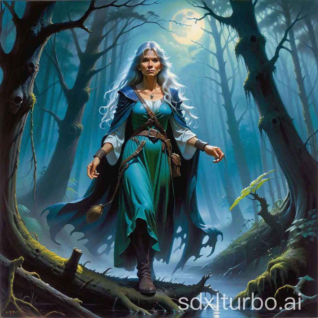 fantasy art, oil painting, portrait, style of 1988 dungeons and dragons, by Jeff Easley, a withered hag, in a dark swamp forest, cloudy night,