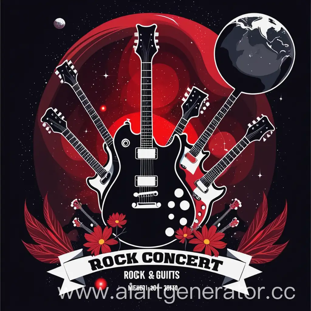 афиша рок концерта в черно красных цветах с гитарами и космосом
