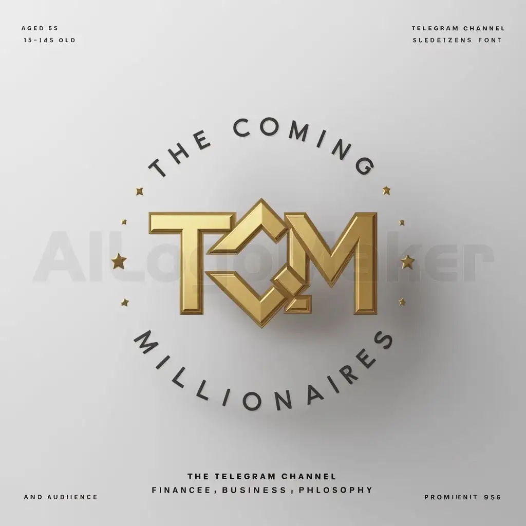 a logo design,with the text "The Coming Millionaires", main symbol:Make a logo for your telegram channel. It is related to finance and business, philosophy, leadership. Audience 15-40 years old. I want there to be a logo and a wealthy man for the profile photo. Make a logo in a golden brutal style. To make it unique and the TCM brand itself - The Coming Millionaires,Minimalistic,be used in Finance industry,clear background