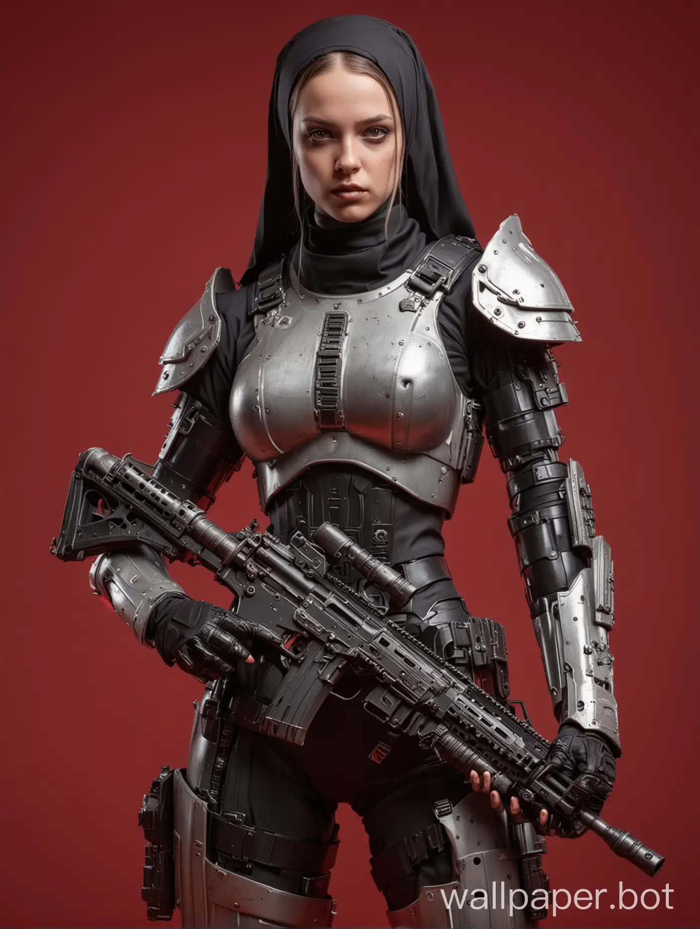 nun girl, heavy armor, full body Cyberarmored mercenary full armor holds submachine gun red background