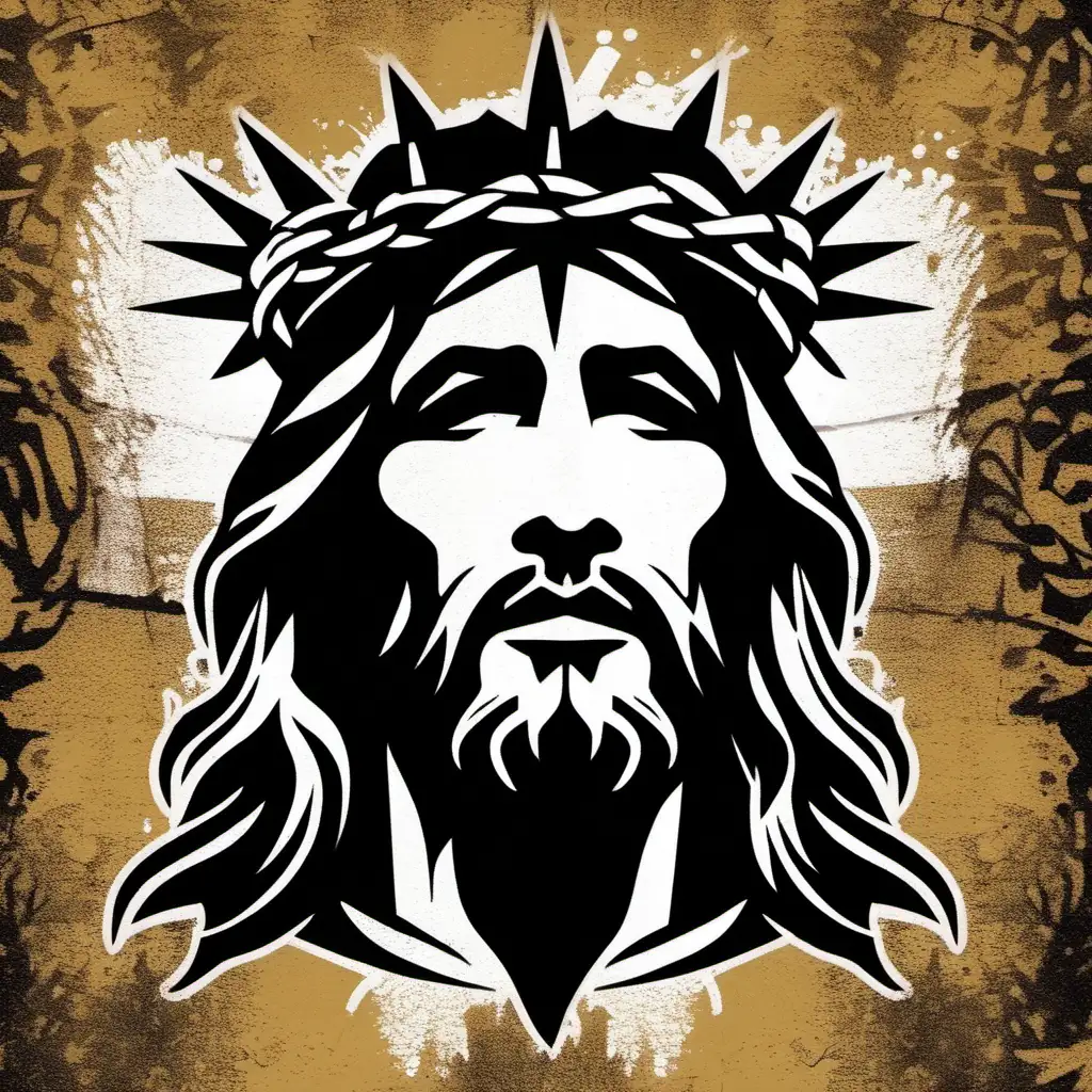 Jesus Christ Face Illustration with Crown of Thorns in Banksy Stencil Graffiti Style