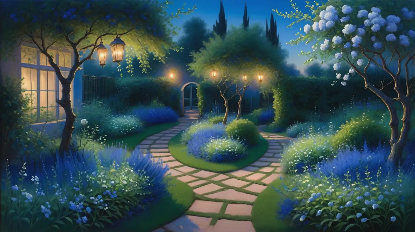 傍晚的花园，湛蓝的天空挂着晚霞，在花园的中间有一条绿油油的小路，两边开满蓝白的小花，满是绿叶的树枝挂满两边