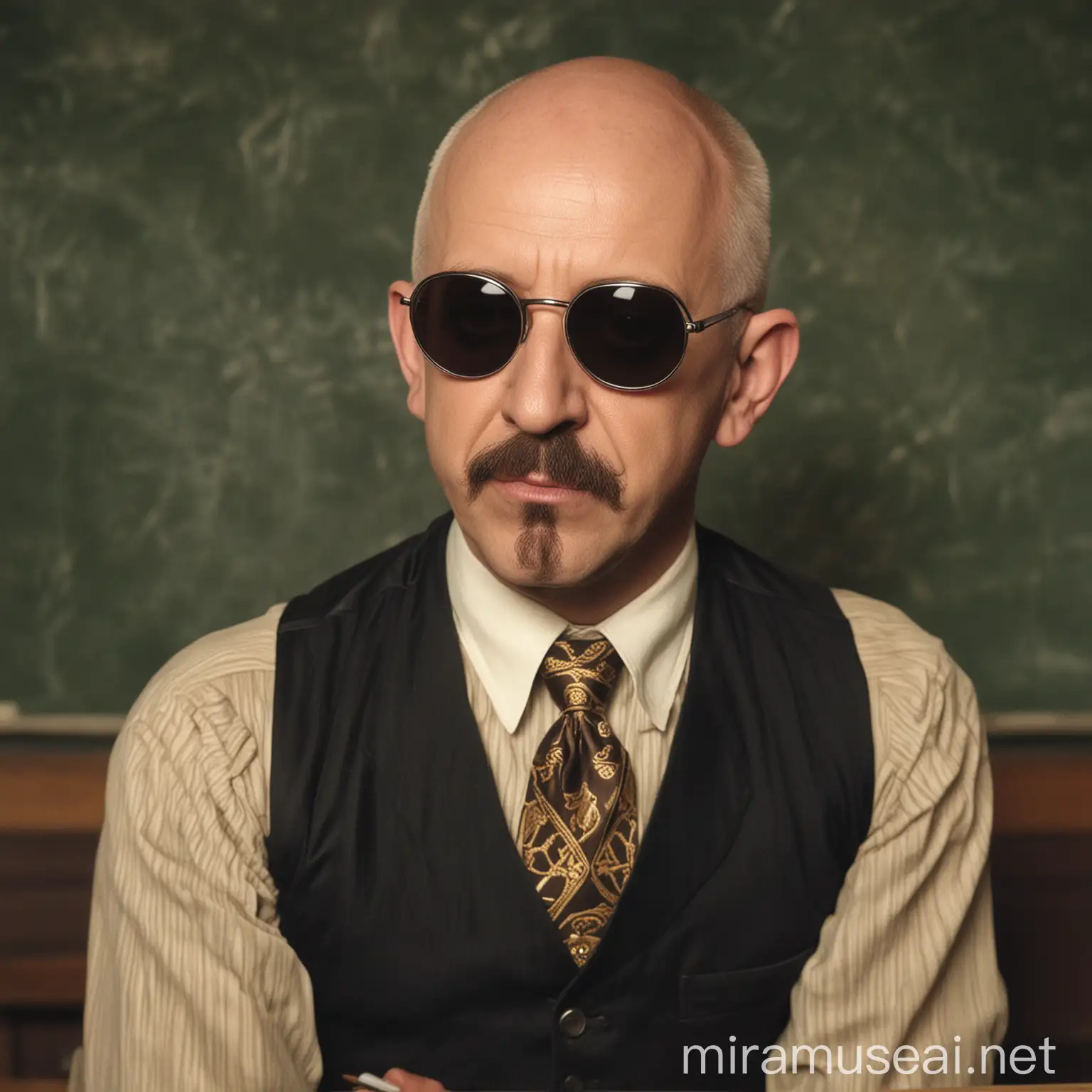 Rob Halford without sunglasses in 1920's clothes in a 1920's classroom in color
