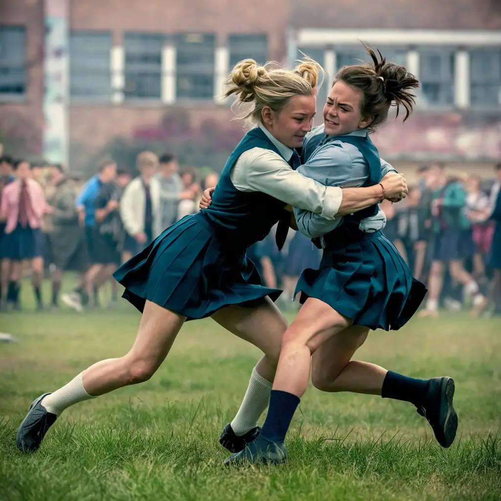 slim teen Susan tackles her rival in schoolgirl fight in the field 