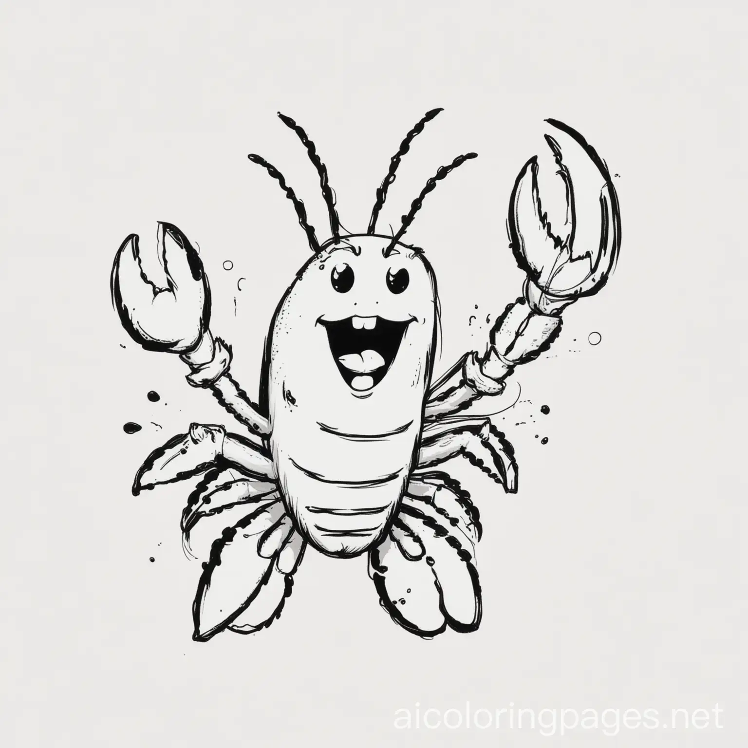 white, cute, cartoon, funny, happy, lobster
, Coloring Page, black and white, line art, white background, Simplicity, Ample White Space. The background of the coloring page is plain white to make it easy for young children to color within the lines. The outlines of all the subjects are easy to distinguish, making it simple for kids to color without too much difficulty
