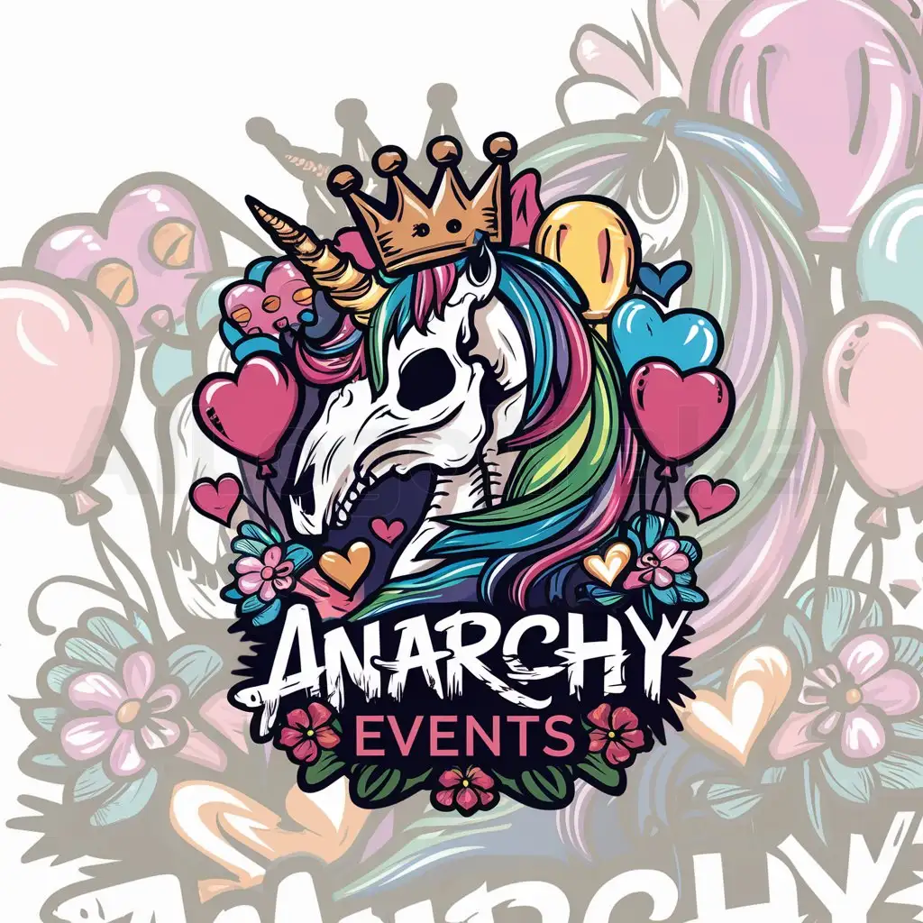 a logo design,with the text "Anarchy Events", main symbol:Generate an ed hardy inspired logo with a colorful unicorn skull with a king crown, balloons, hearts, flowers with a company name Anarchy Events inspired by the anarchy logo,Moderate,be used in Others industry,clear background