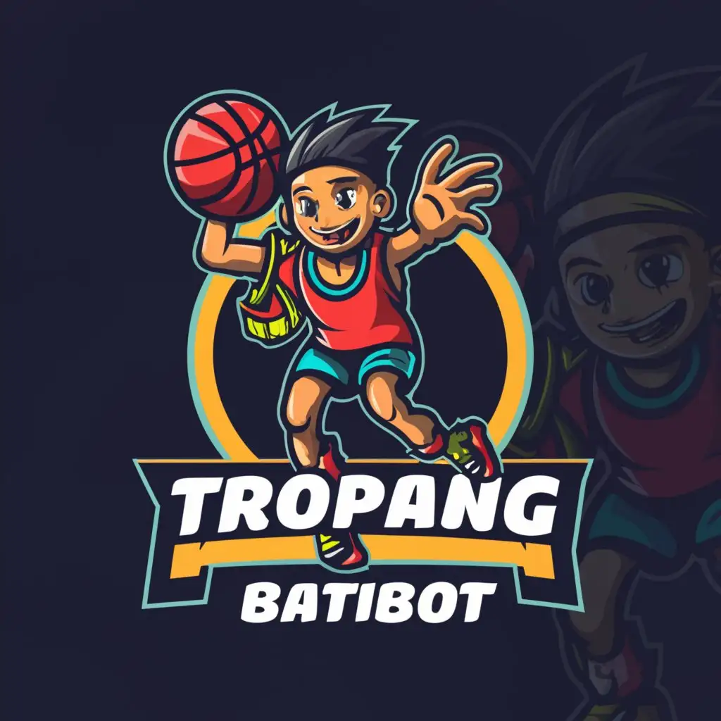 a logo design,with the text "TROPANG BATIBOT", main symbol:Kid holding Basketball,Moderate,be used in sport industry,clear background